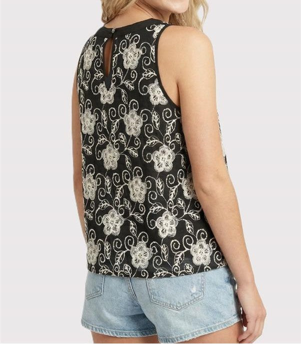 BLACK FLORAL EMBROIDERED SLEEVELESS TANK TOP