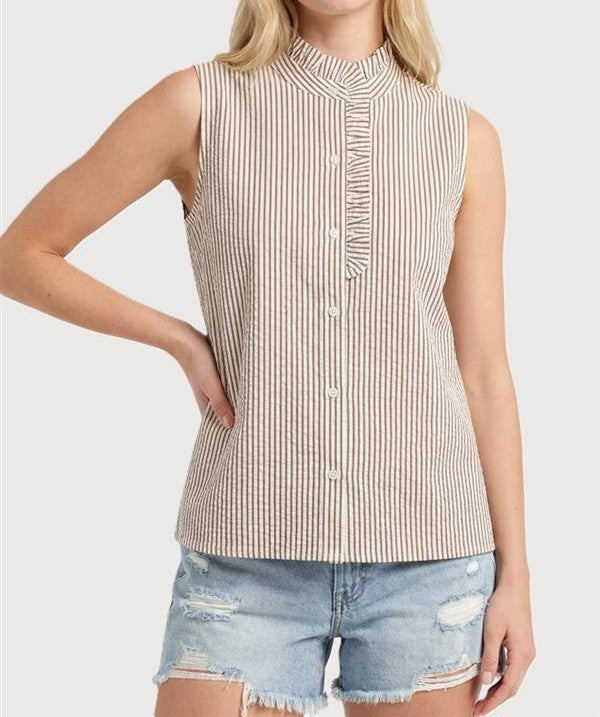 TAUPE STRIPED FRILL DETAIL SLEEVELESS BUTTON UP TOP