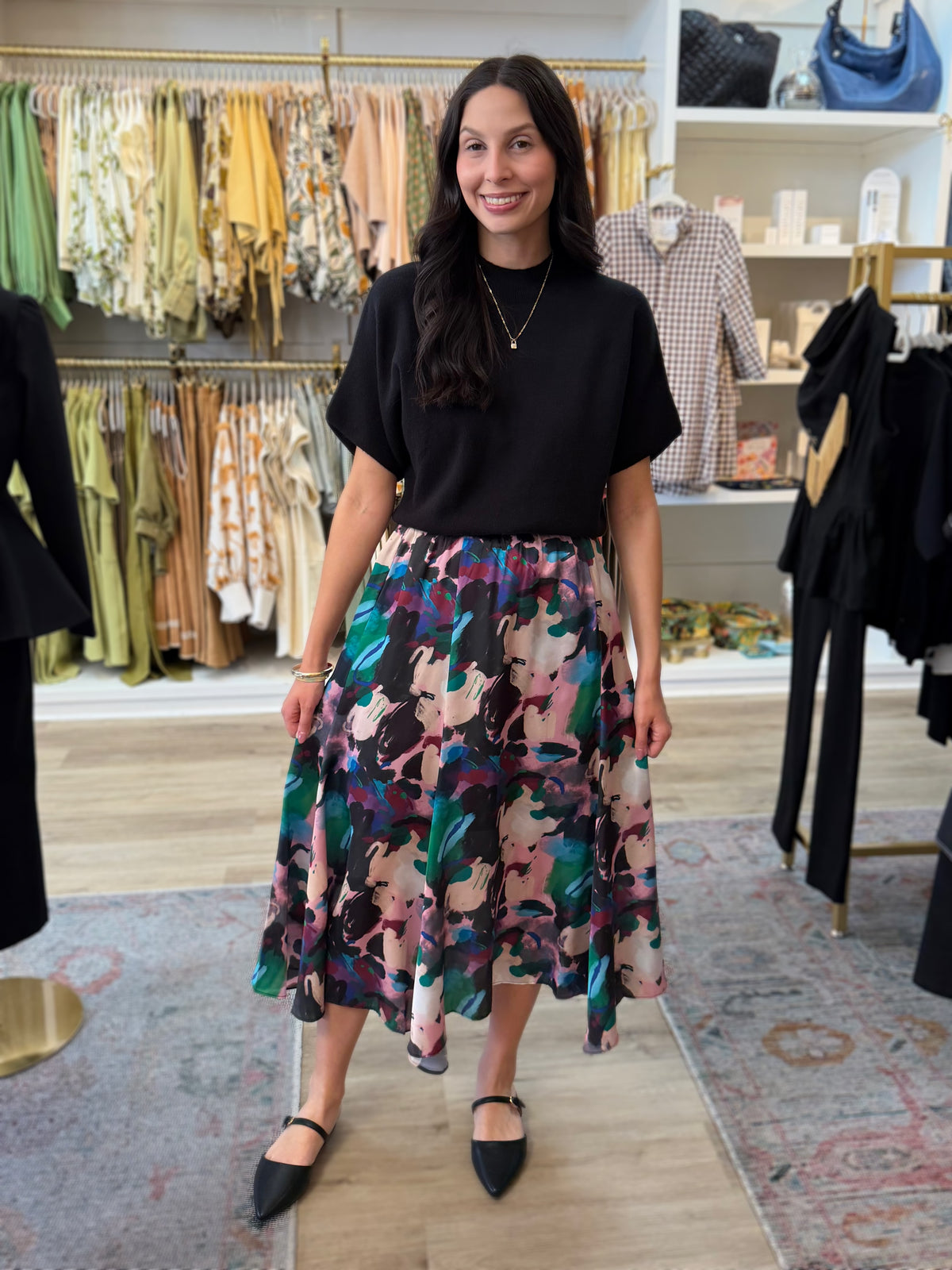 MUTLI COLOR ABSTRACT PRINT ELASTIC WAIST FLOWY MIDI SKIRT
