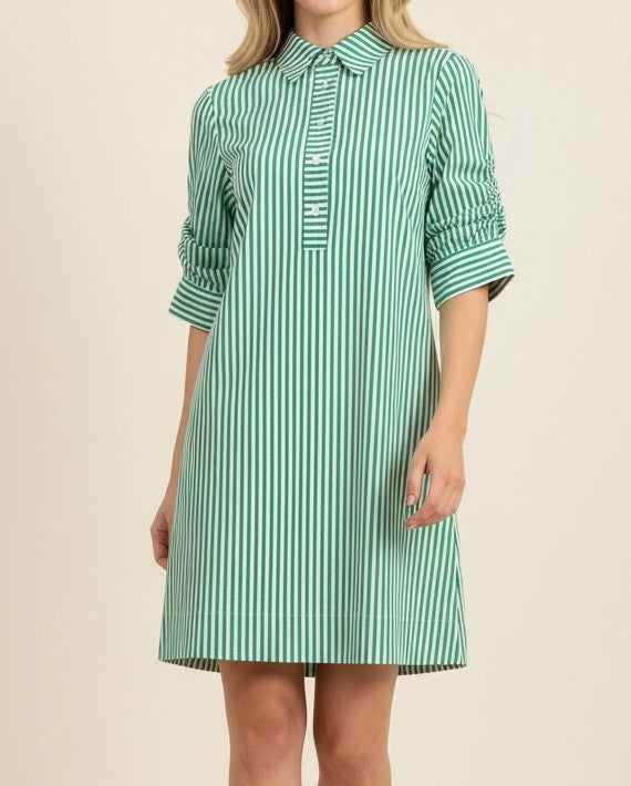 GREEN/WHITE STRIPE COLLARED BUTTON UP GATHERED SLEEVE MINI DRESS