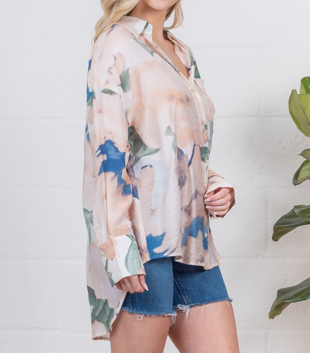 MULTI COLOR WATERCOLOR ABSTRACT PRINT LONG SLEEVE BUTTON UP TOP