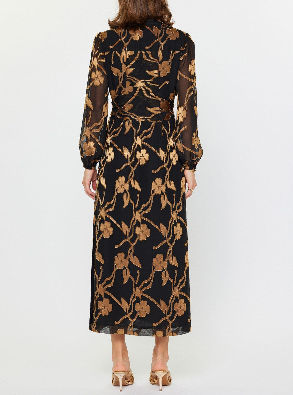 BLACK GOLD FLORAL JACQUARD SHEER LONG SLEEVE TIE WAIST BUTTON UP MIDI DRESS