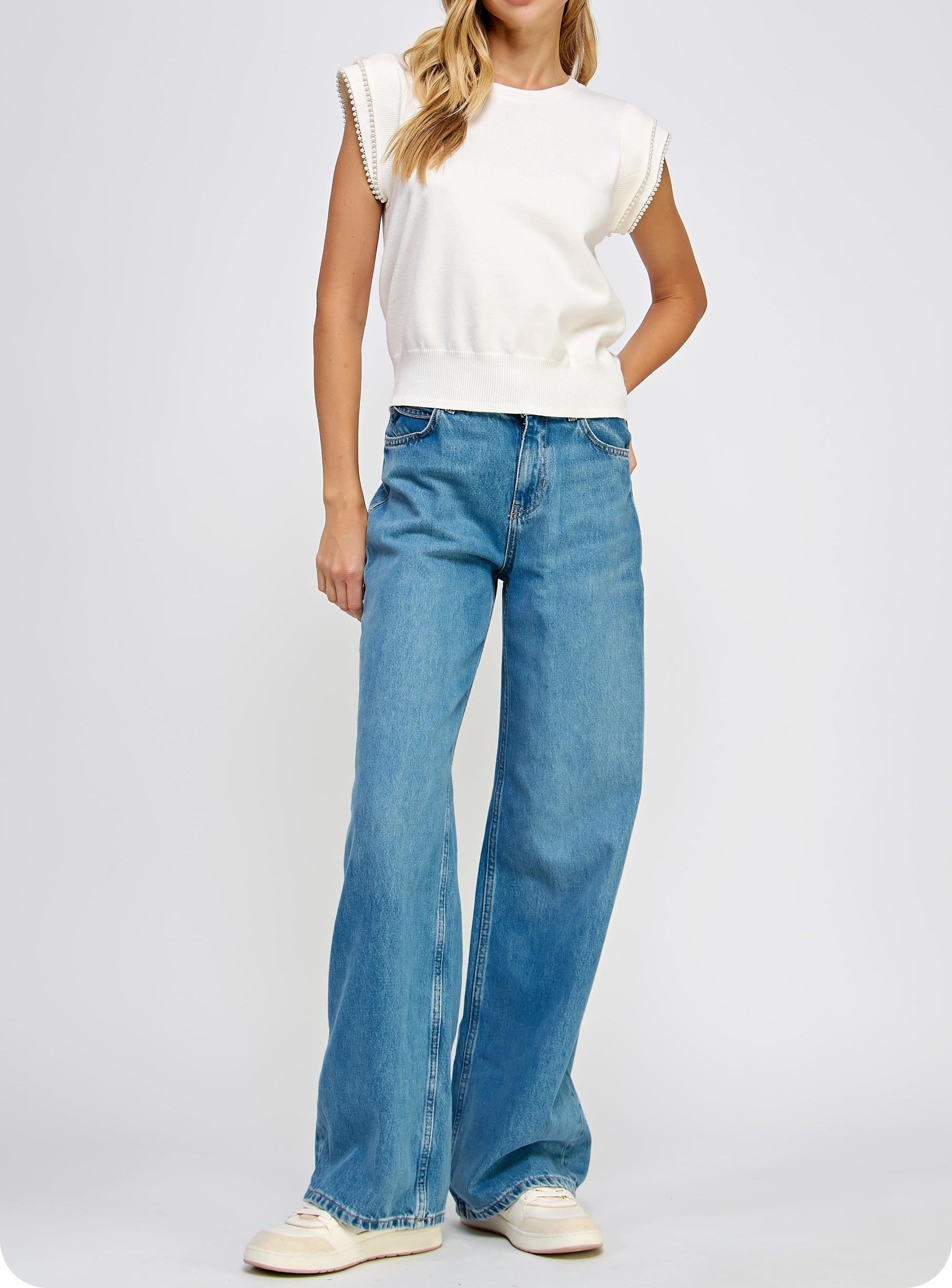 IVORY PEARL TRIM SLEEVELESS SWEATER TOP