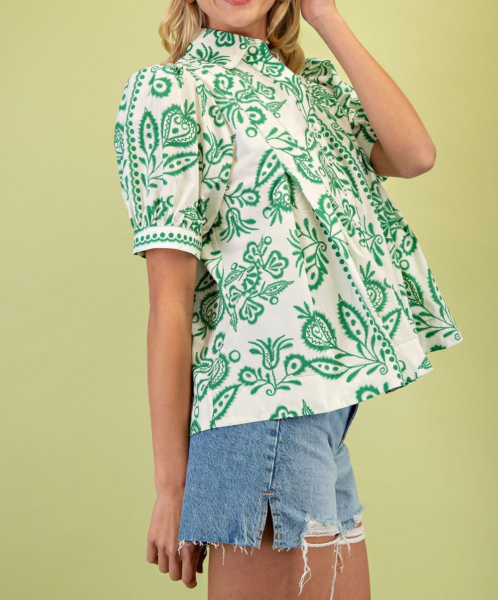 GREEN PRINTED SHORT PUFF SLEEVE BUTTON UP BLOUSE