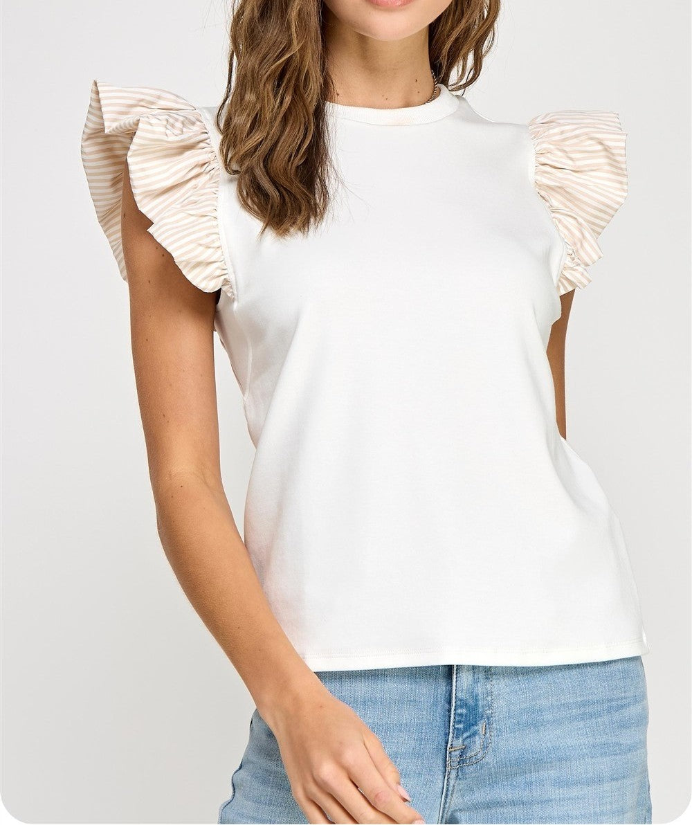 WHITE/TAUPE CONTRAST STRIPE BUBBLE RUFFLE KNIT TOP