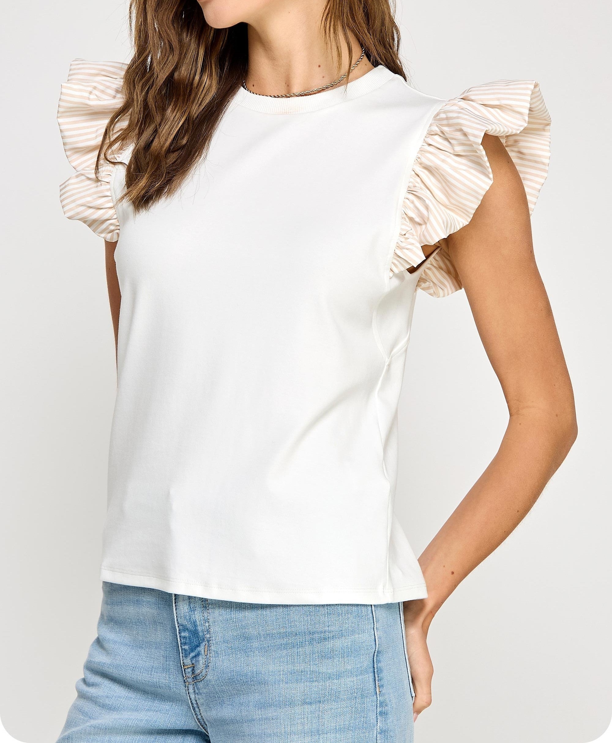 WHITE/TAUPE CONTRAST STRIPE BUBBLE RUFFLE KNIT TOP