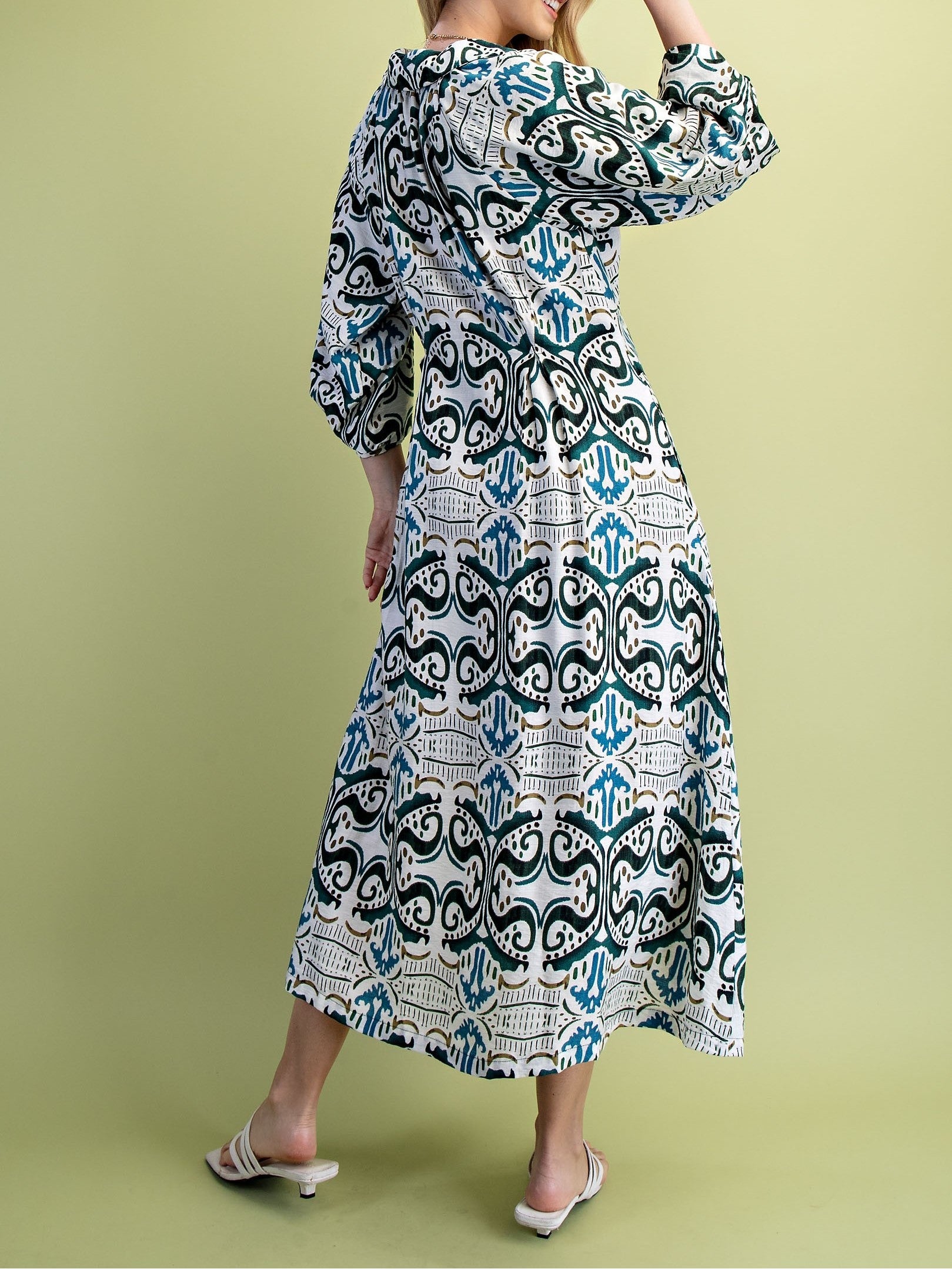 TEAL MIX PRINTED PLEATED WAIST WITH LONG BALLOON SLEEVE SHIRT DRESS