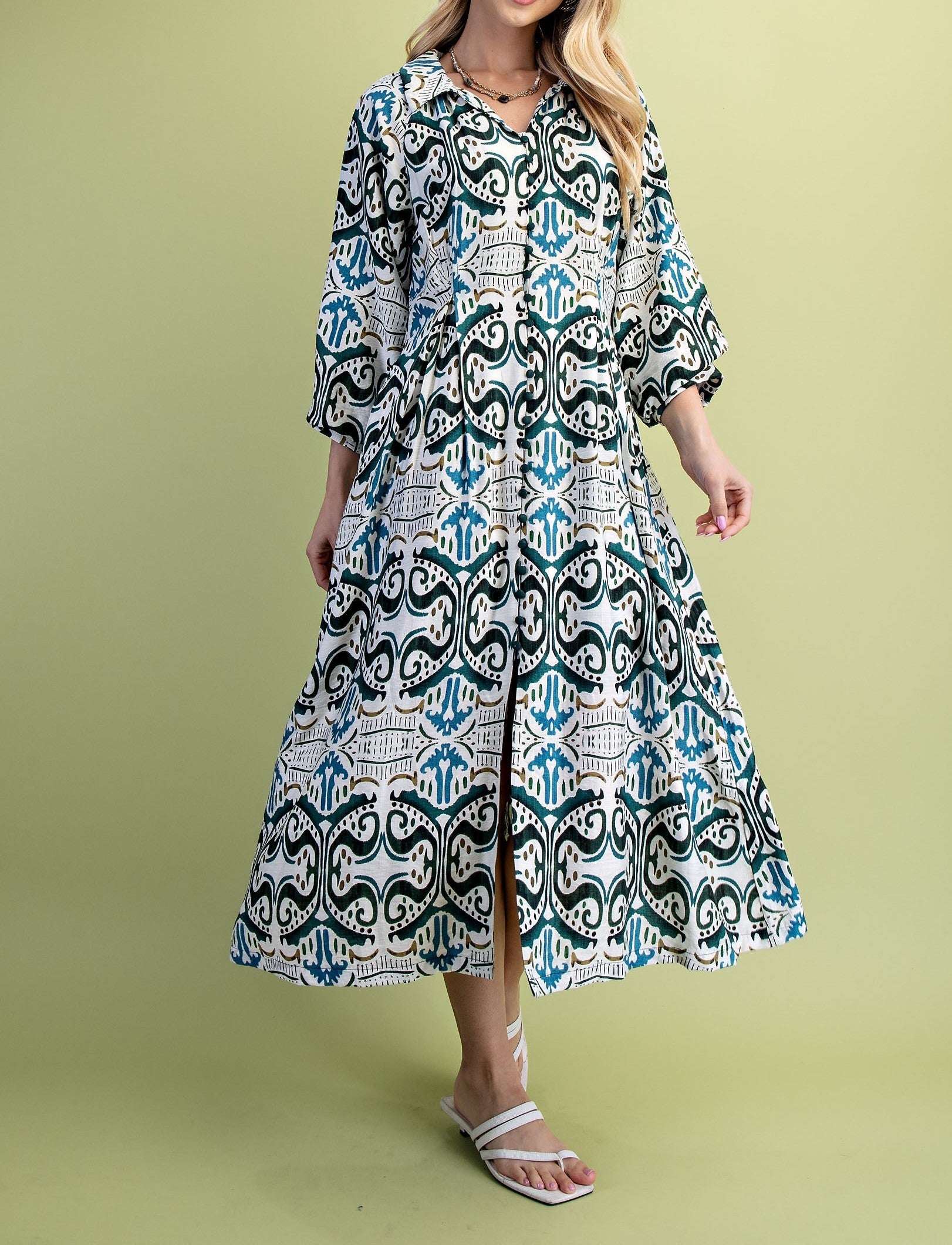 TEAL MIX PRINTED PLEATED WAIST WITH LONG BALLOON SLEEVE SHIRT DRESS