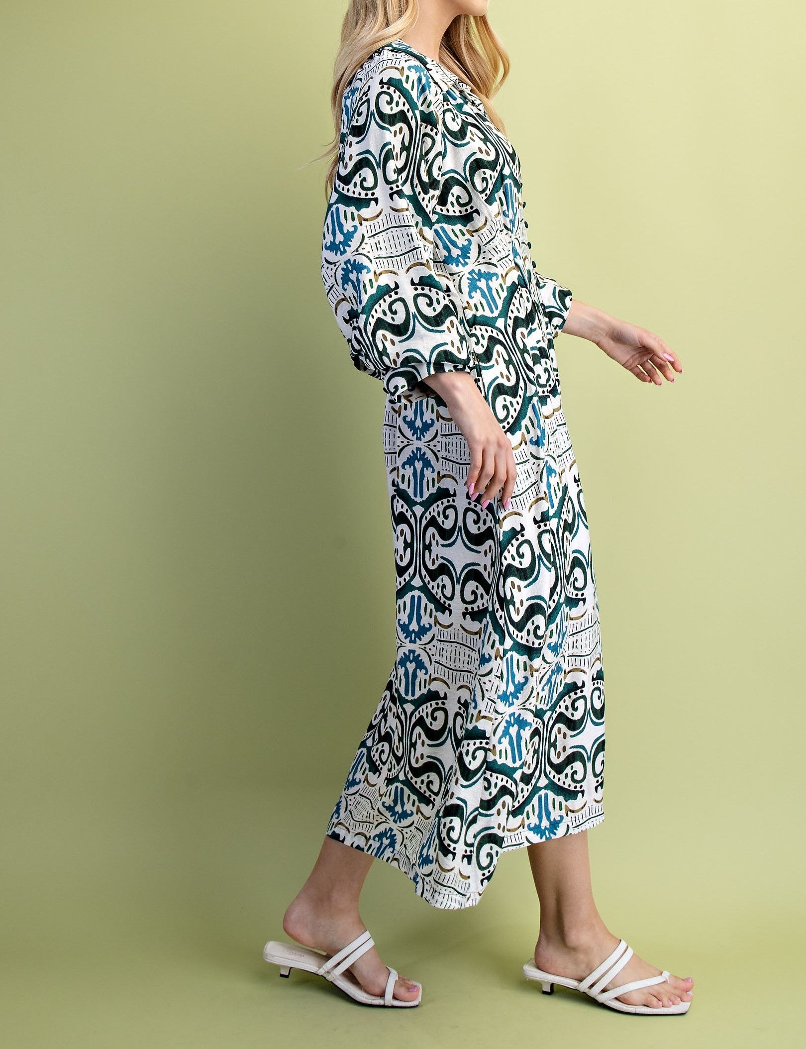TEAL MIX PRINTED PLEATED WAIST WITH LONG BALLOON SLEEVE SHIRT DRESS