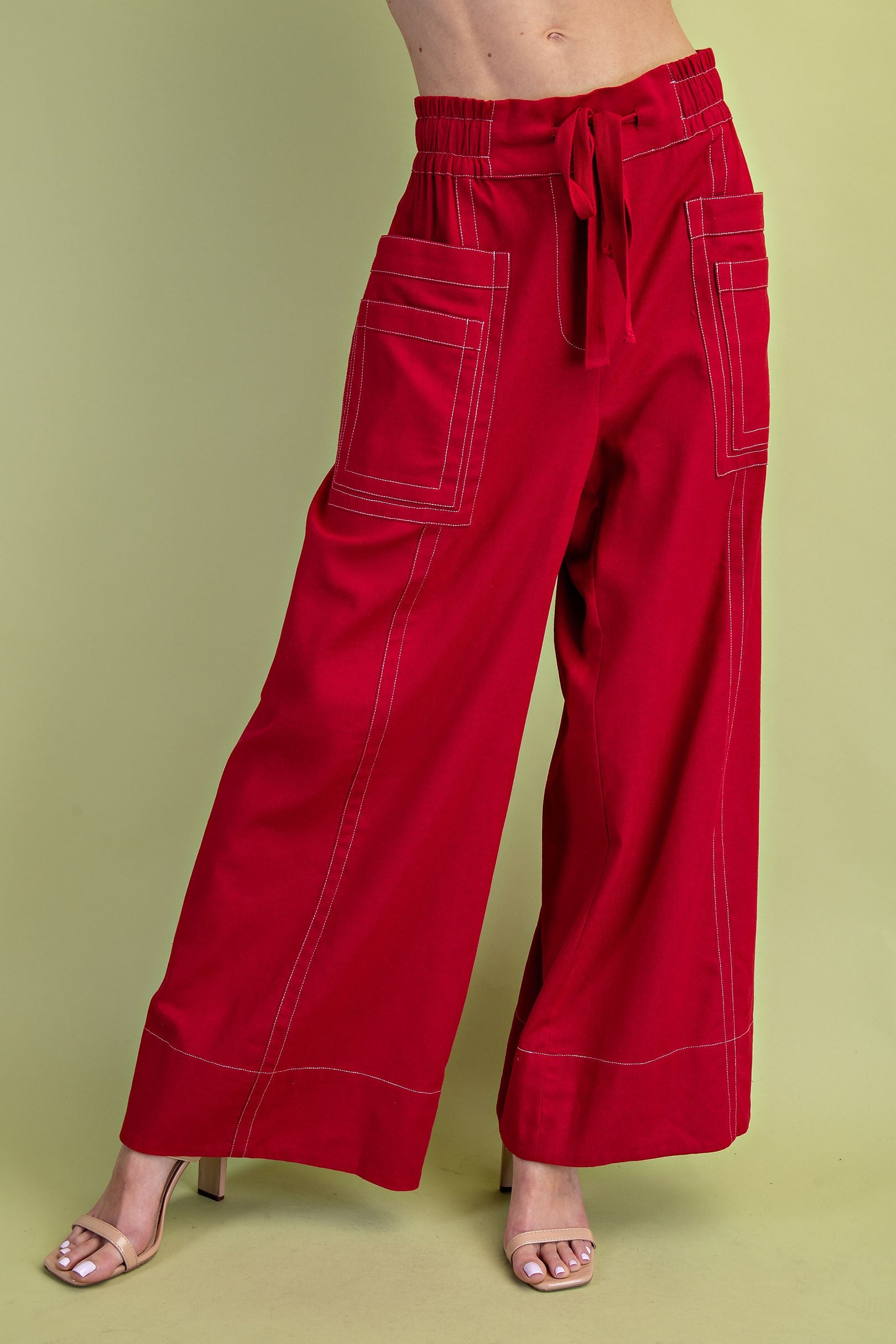 RED LINEN CONTRAST STITCHING WIDE LEG PANTS