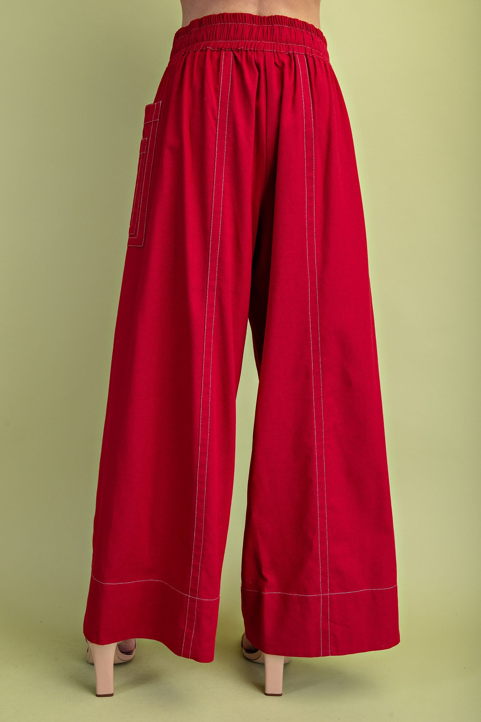 RED LINEN CONTRAST STITCHING WIDE LEG PANTS