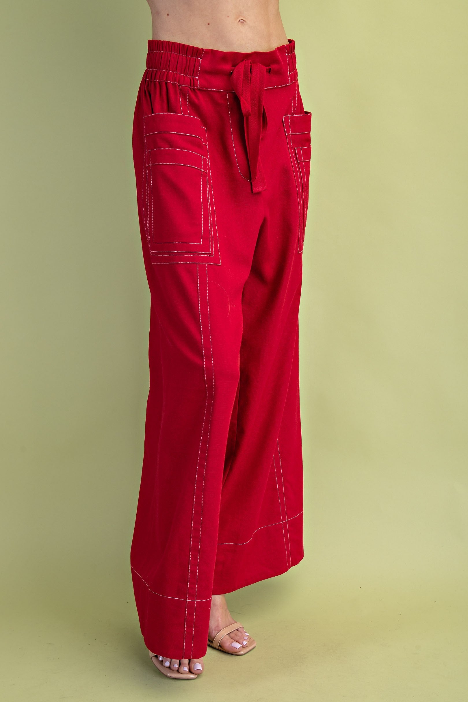 RED LINEN CONTRAST STITCHING WIDE LEG PANTS