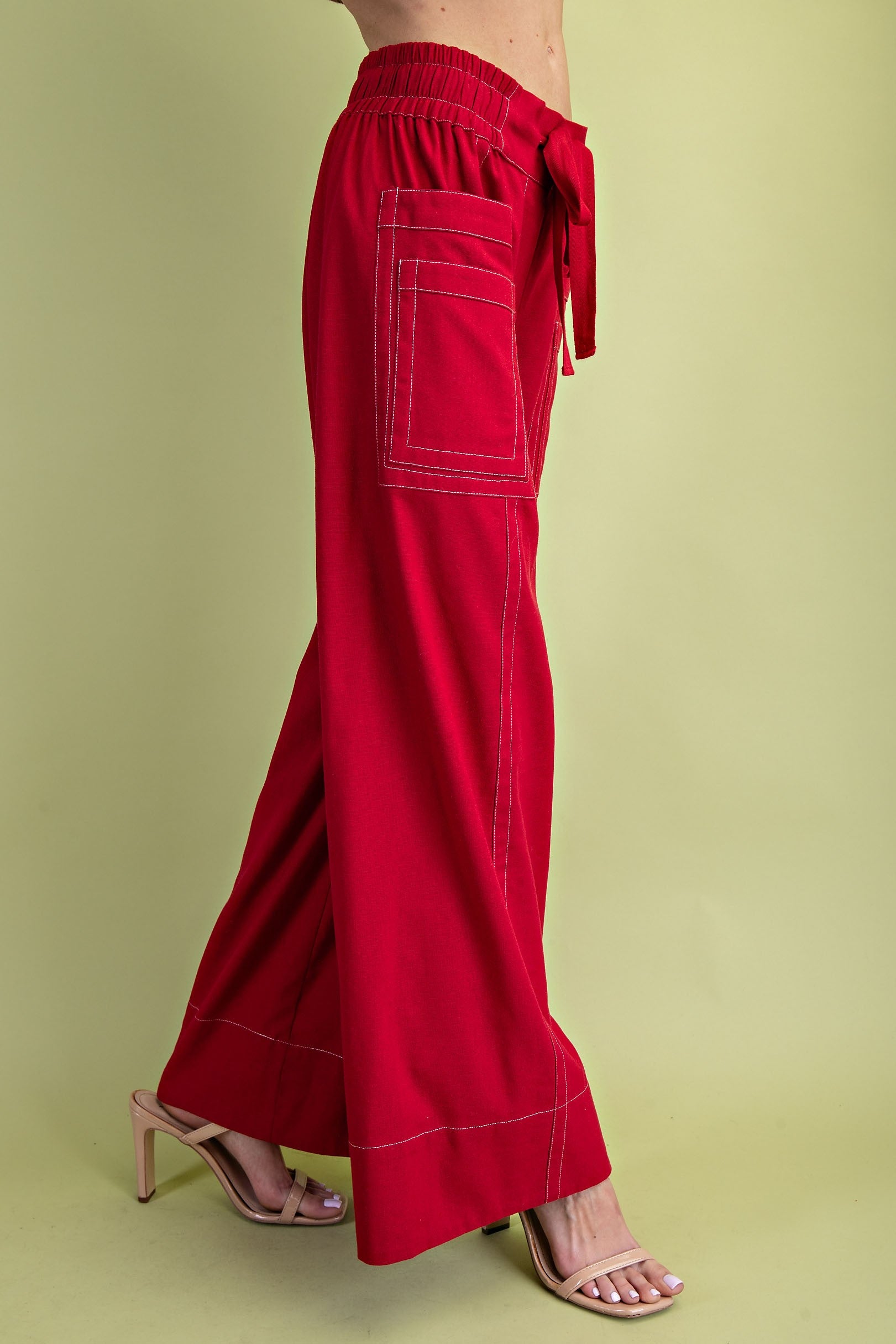 RED LINEN CONTRAST STITCHING WIDE LEG PANTS