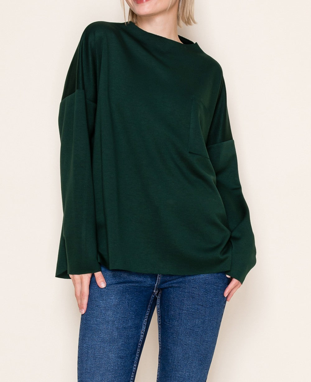 HUNTER GREEN SOLID KNIT FRONT PATCH POCKET LONG SLEEVE TOP