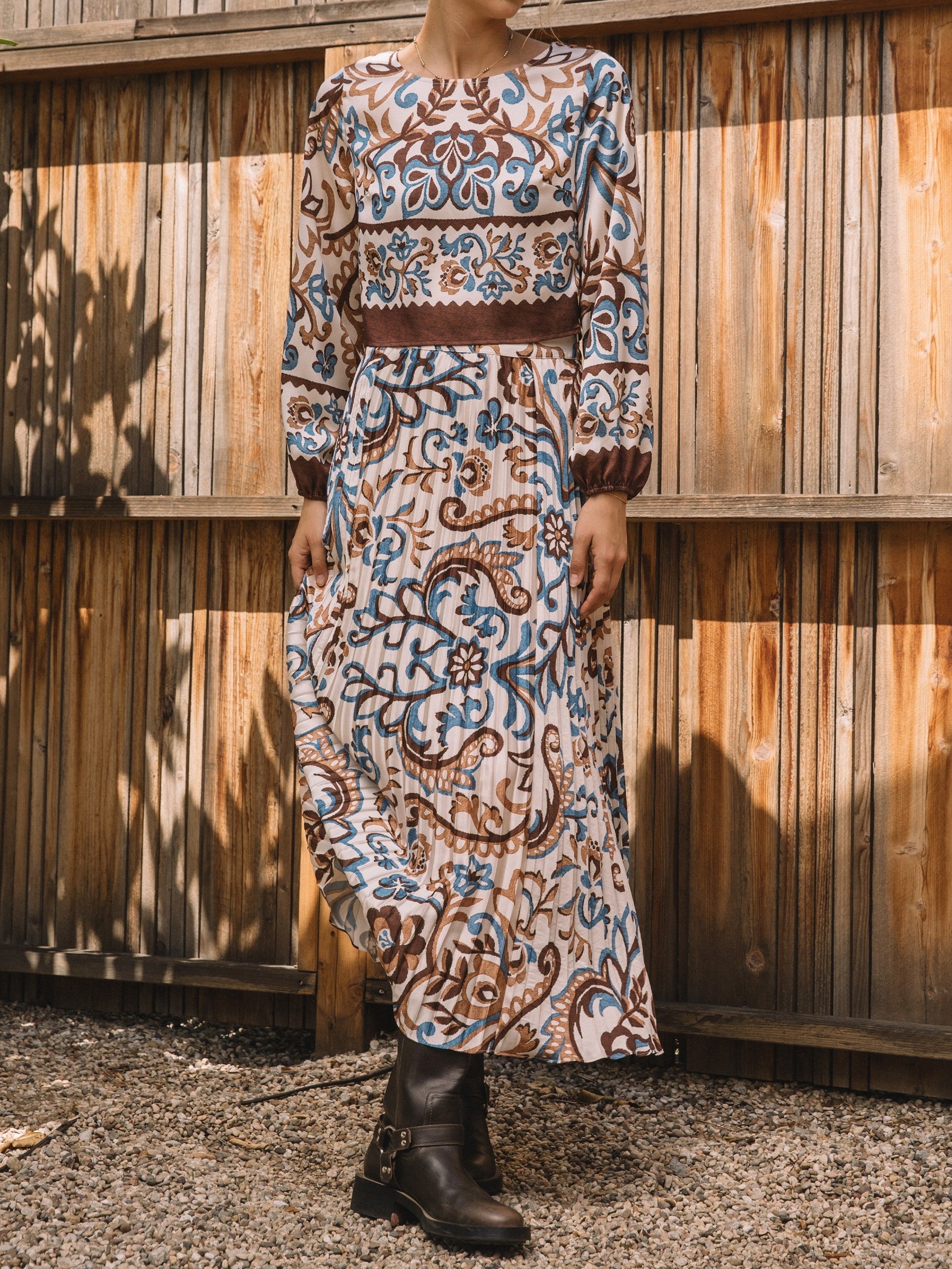 IVORY/BROWN/BLUE BORDER BOHO PRINT BLOUSE