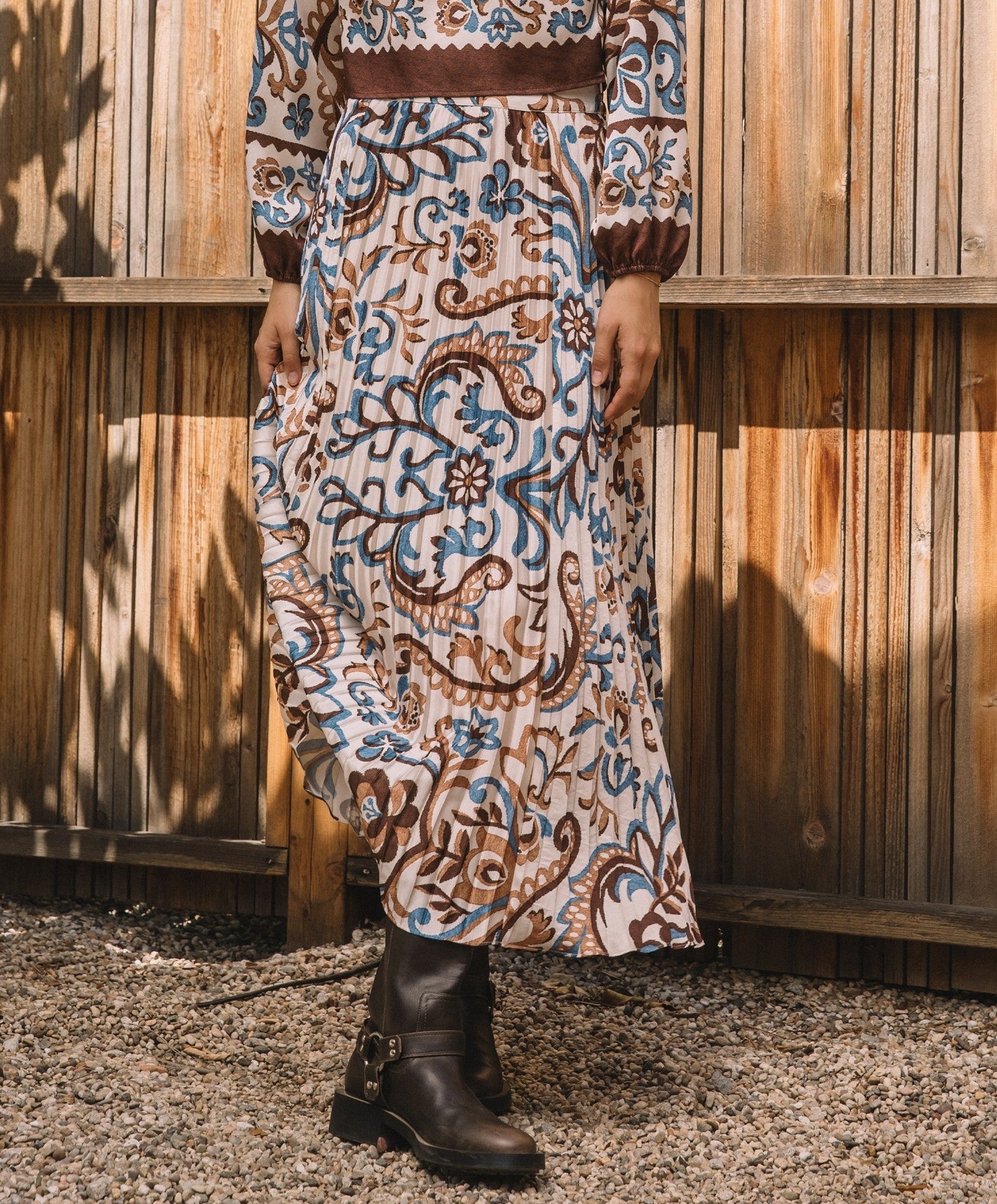 IVORY/BROWN/BLUE BOHO PRINT PLEATED MIDI SKIRT