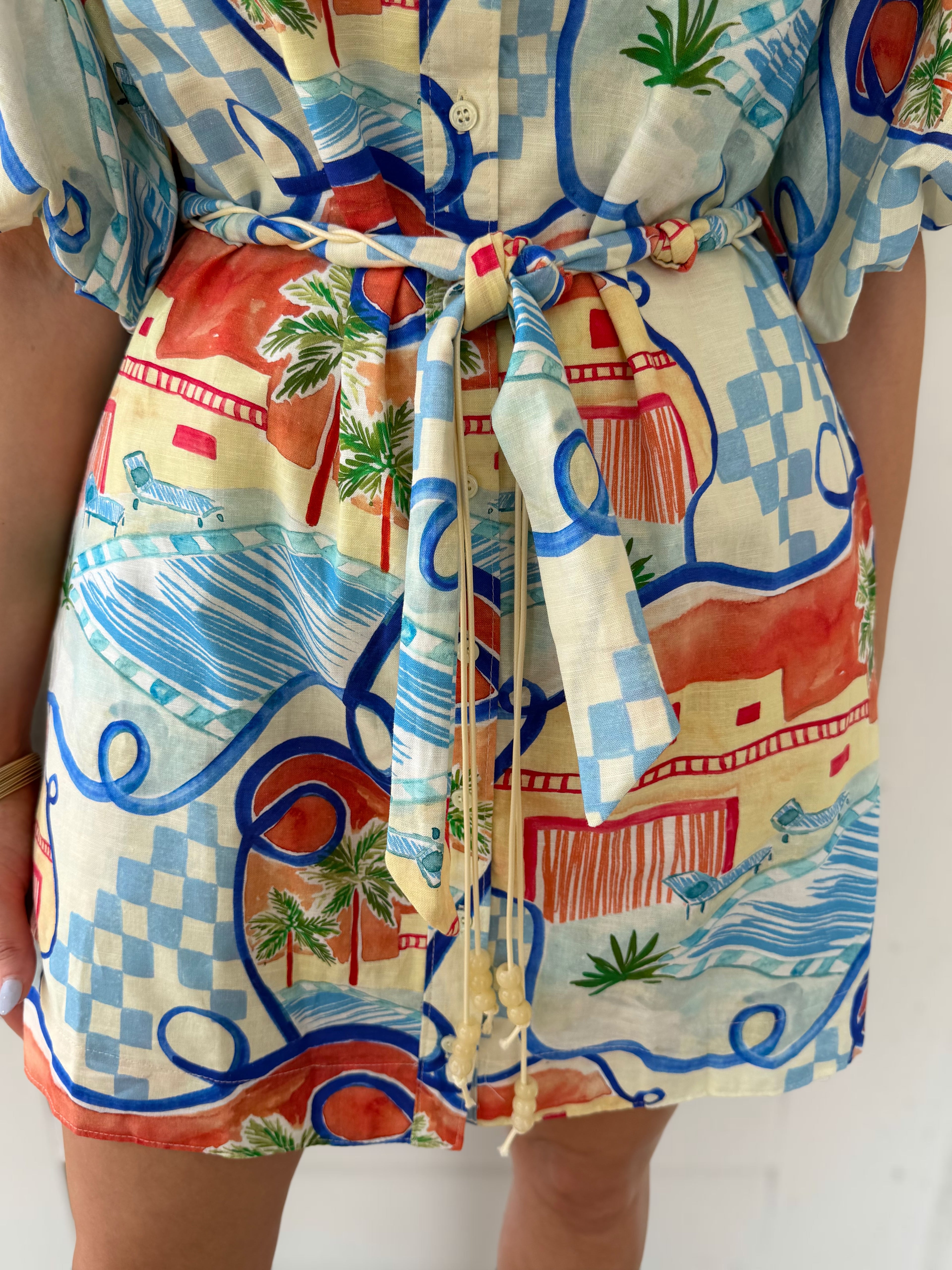 BLUE MULTI VACATION PRINT SHORT PUFF SLEEVE BUTTON UP MINI DRESS