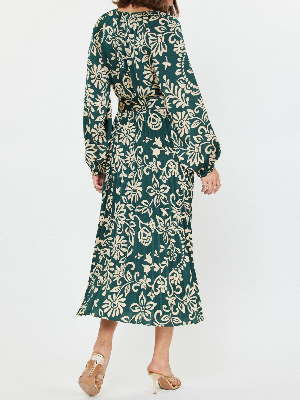 TEAL ABSTRACT FLORAL PRINT PLEATED MIDI DRESS