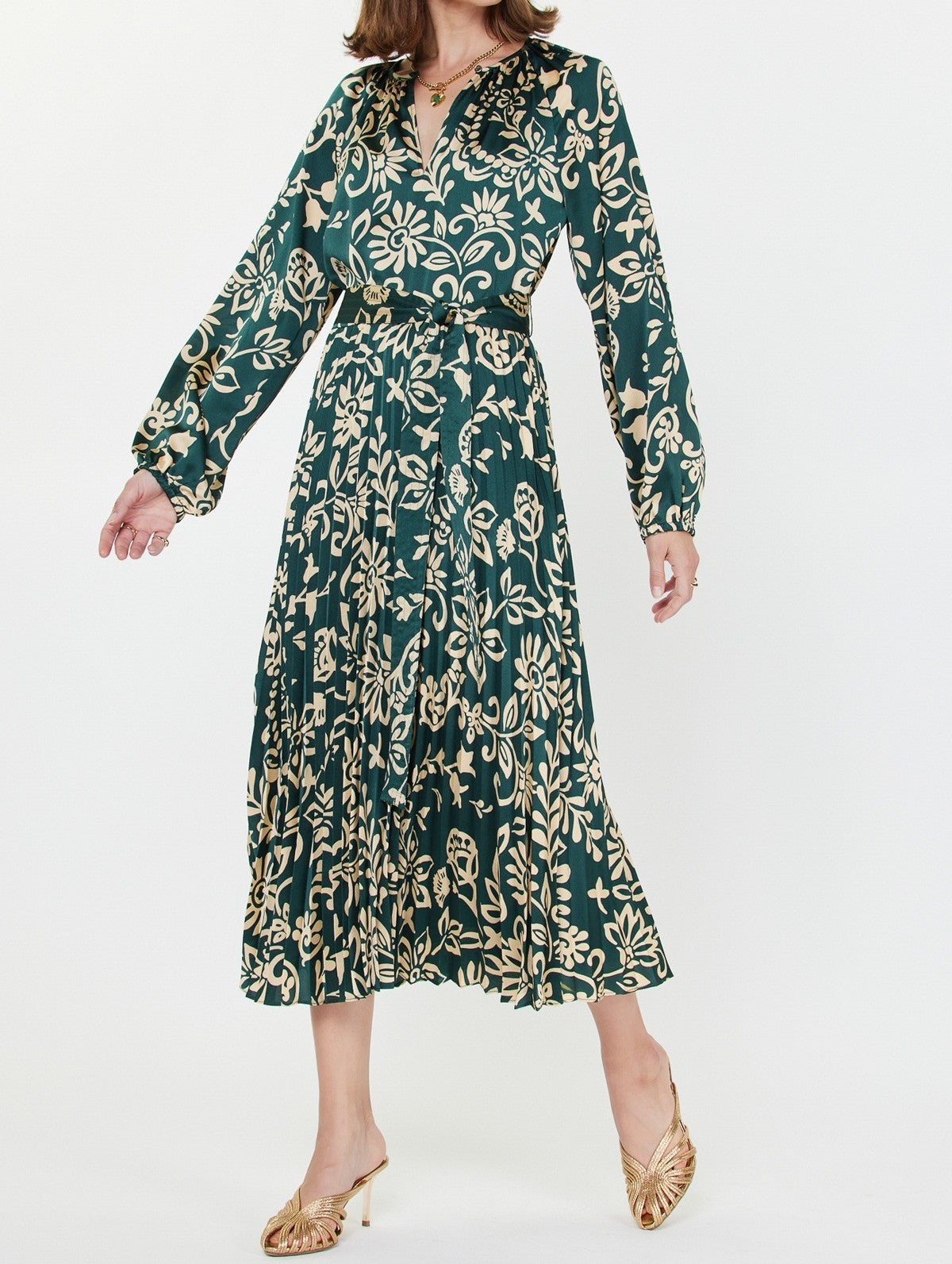 TEAL ABSTRACT FLORAL PRINT PLEATED MIDI DRESS