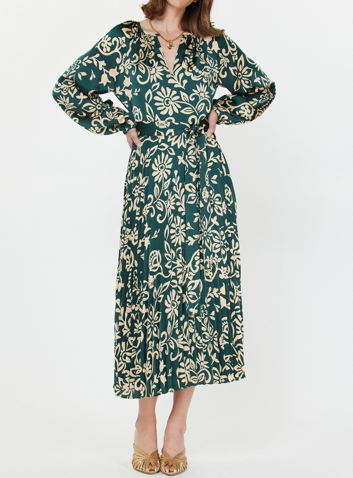 TEAL ABSTRACT FLORAL PRINT PLEATED MIDI DRESS