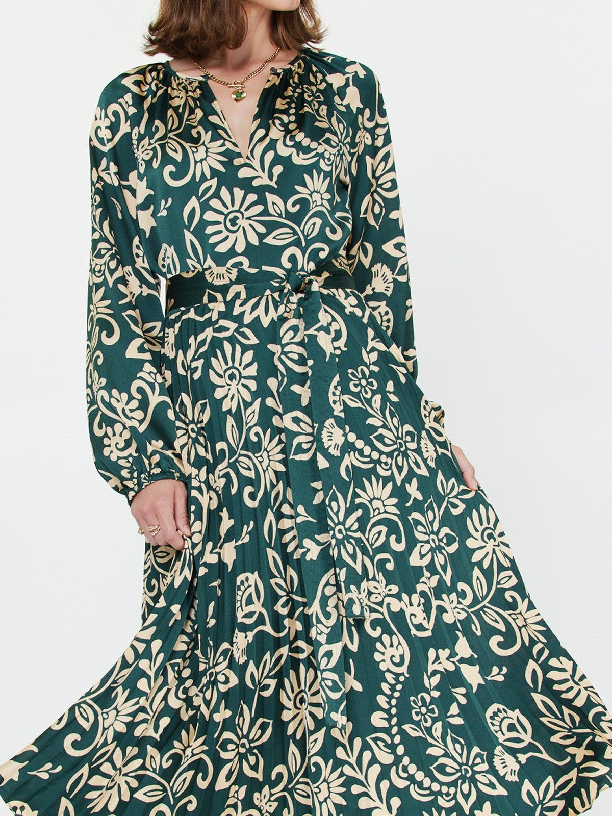 TEAL ABSTRACT FLORAL PRINT PLEATED MIDI DRESS