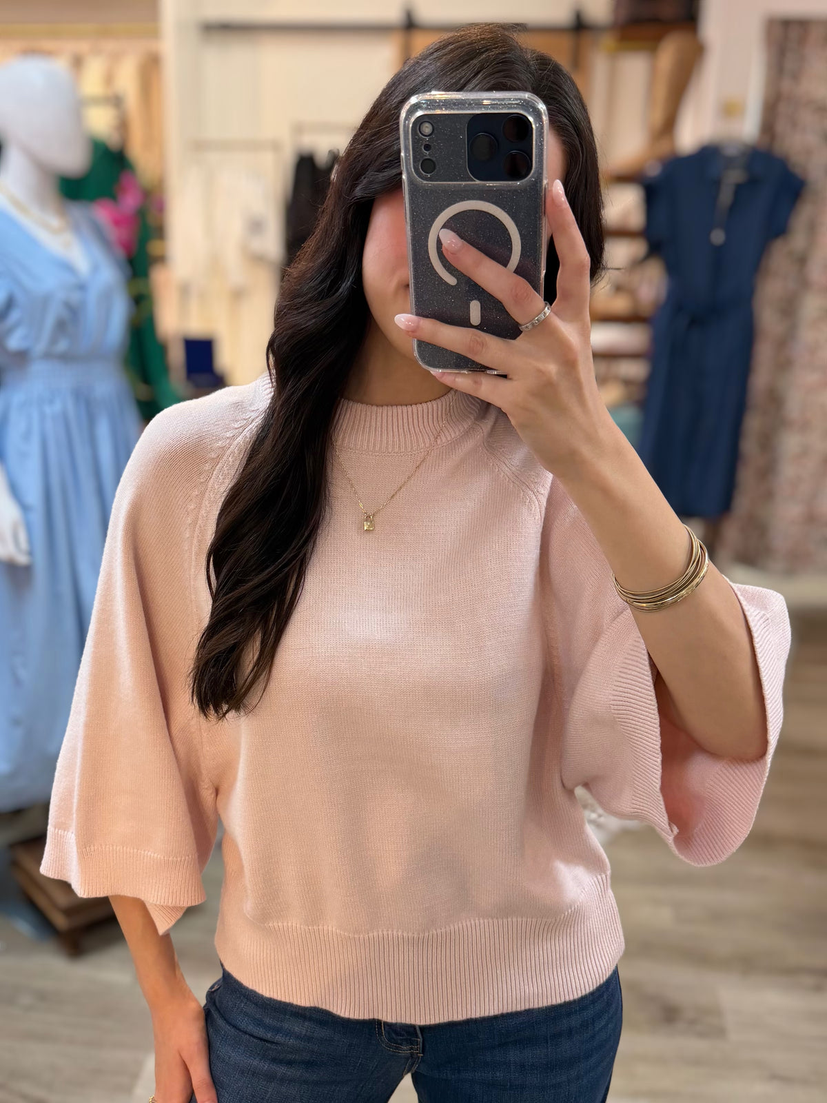 BLUSH PINK SHORT WIDE RAGLAN SLEEVE CREW NECK SWEATER TOP