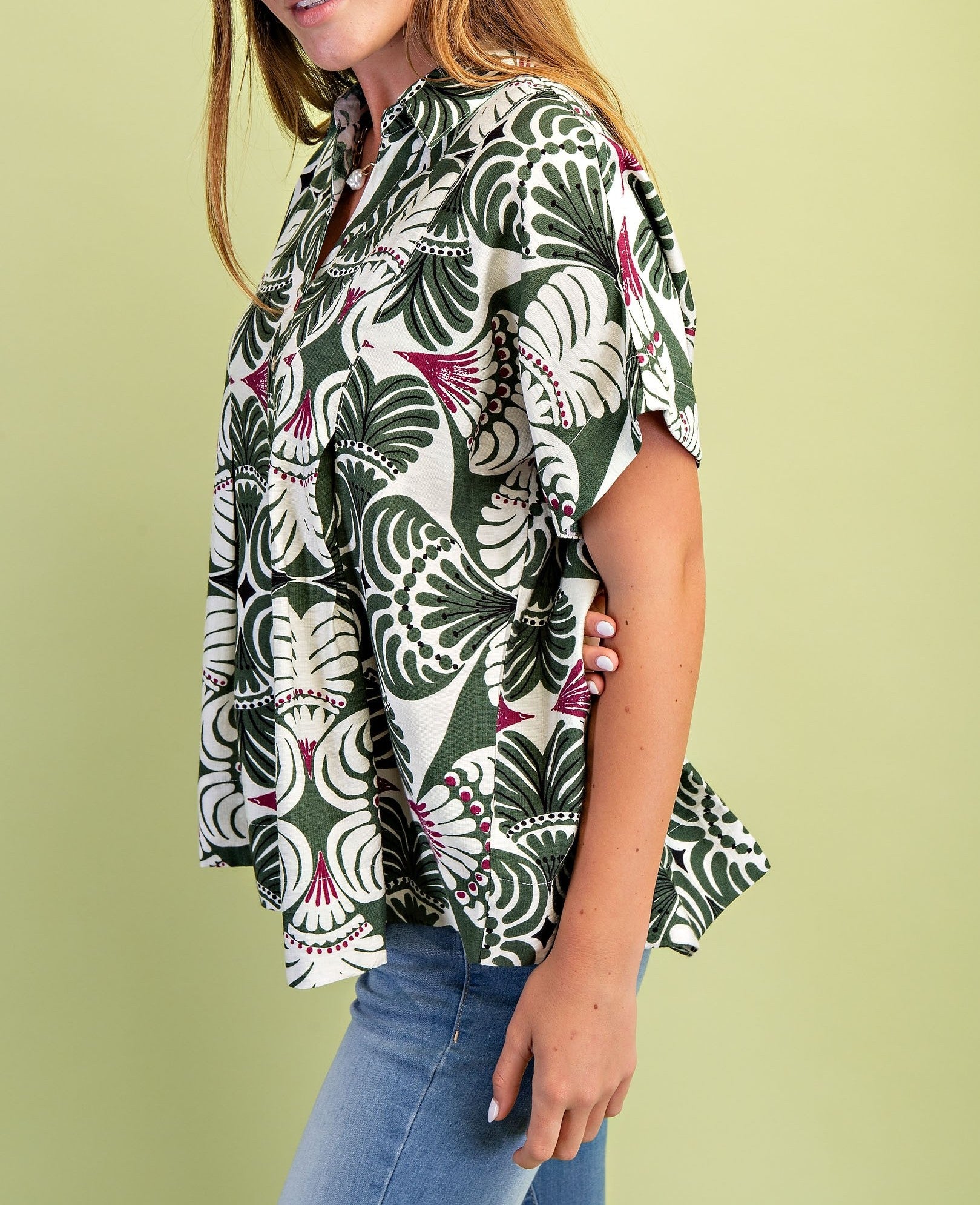 OLIVE MIX PRINTED SHORT SLEEVE BUTTON UP TOP