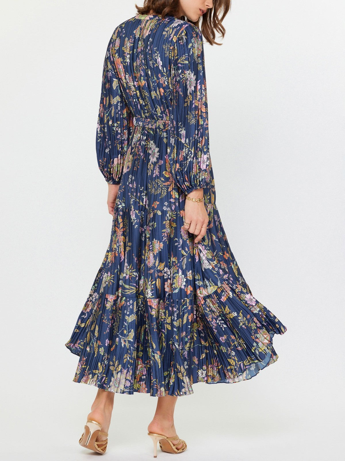 NAVY MUTLI FLORAL PRINT PLEATED LONG SLEEVE MIDI DRESS