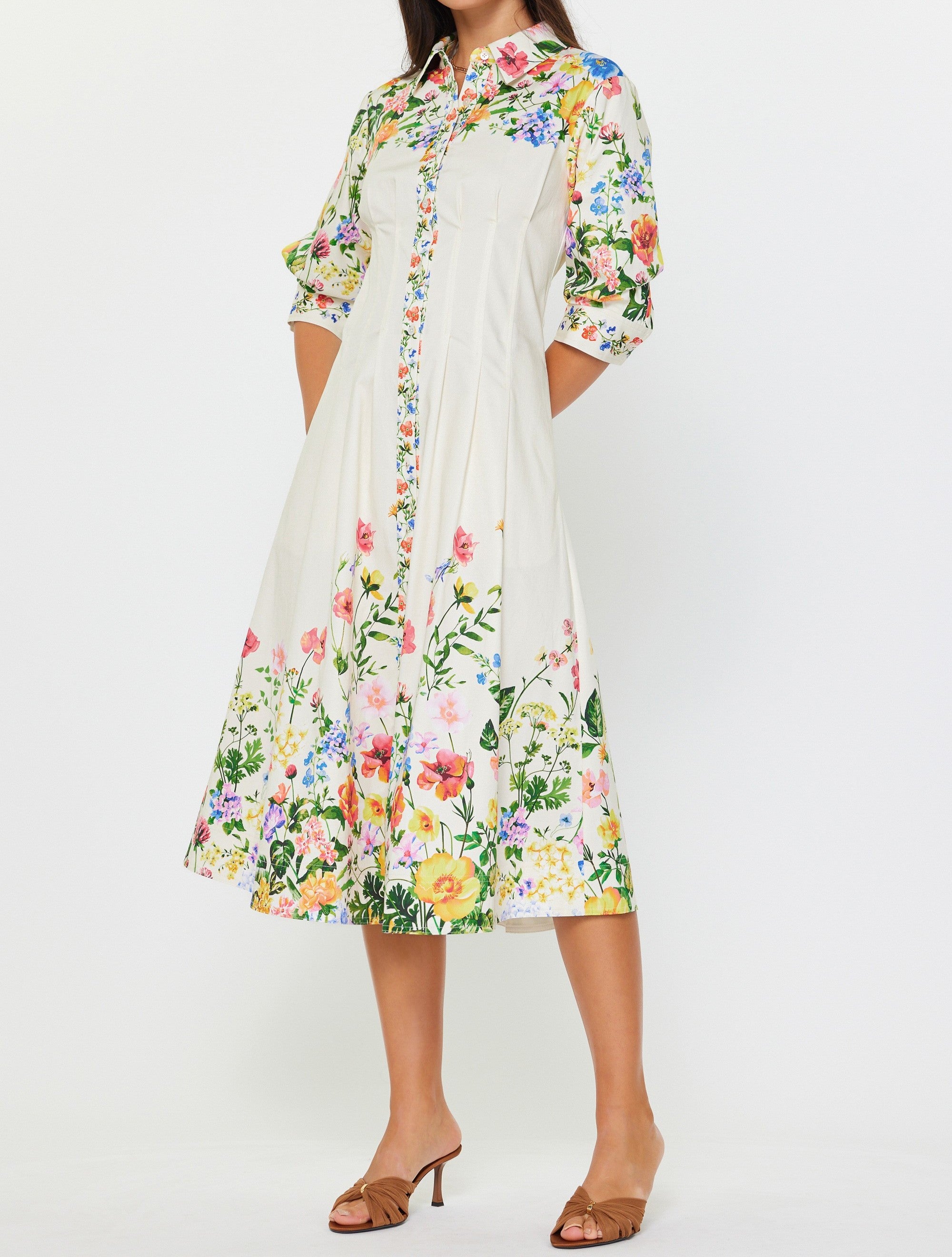 CREAM MULTI FLORAL PRINT 3/4 SLEEVE BUTTON DOWN MIDI DRESS
