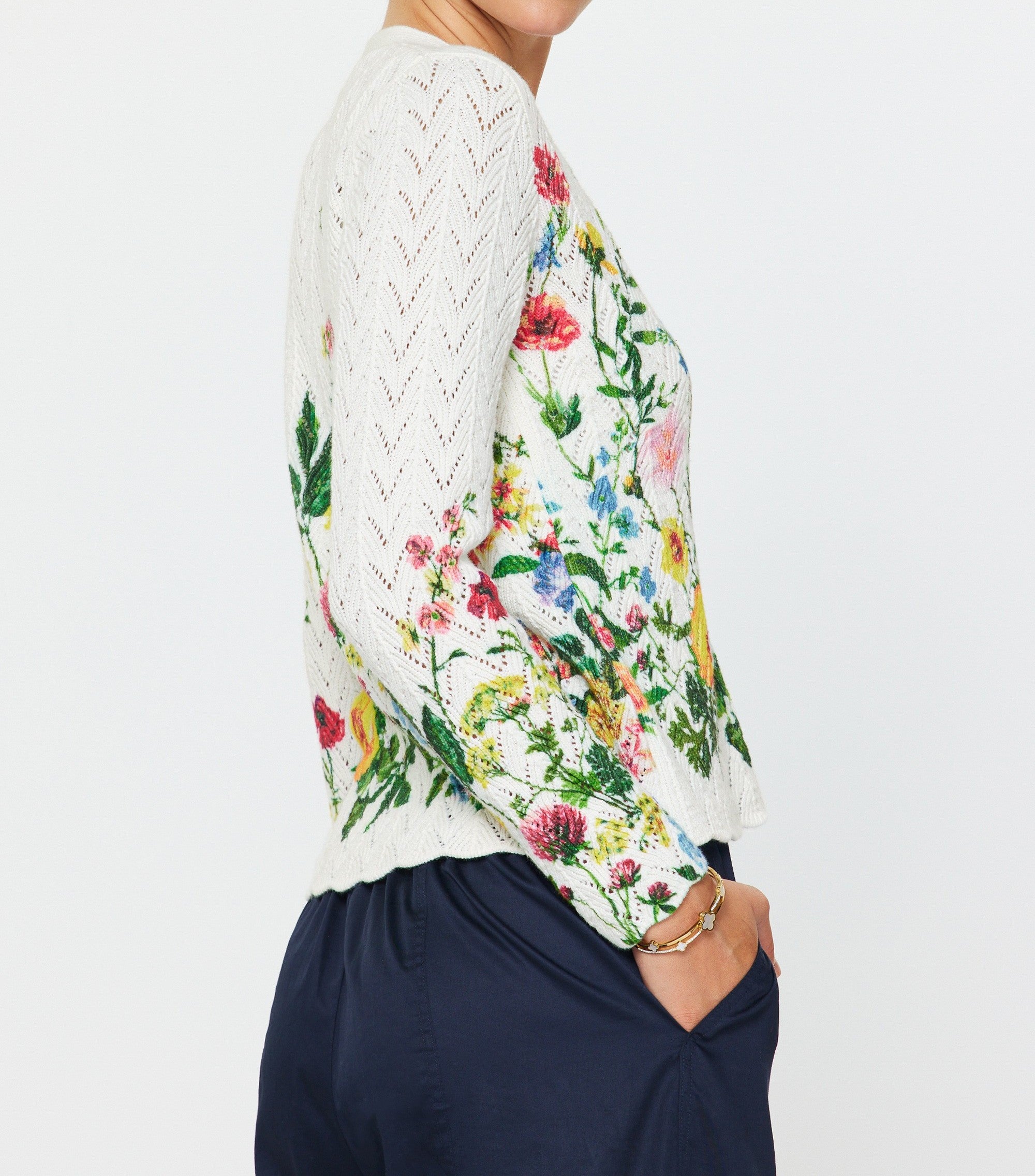 CREAM MULTI FLORAL PRINT LONG SLEEVE COTTON SWEATER CARDIGAN