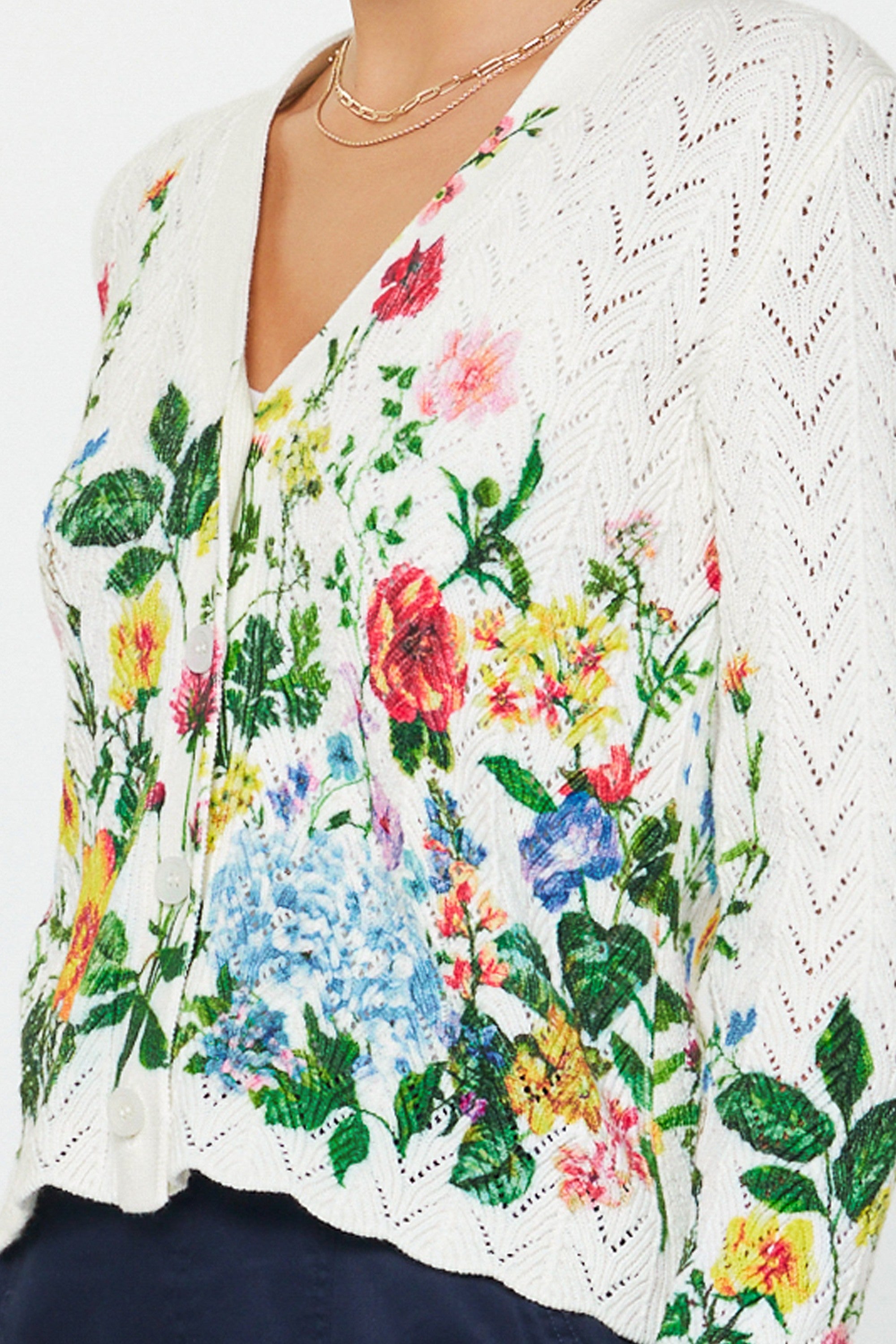 CREAM MULTI FLORAL PRINT LONG SLEEVE COTTON SWEATER CARDIGAN