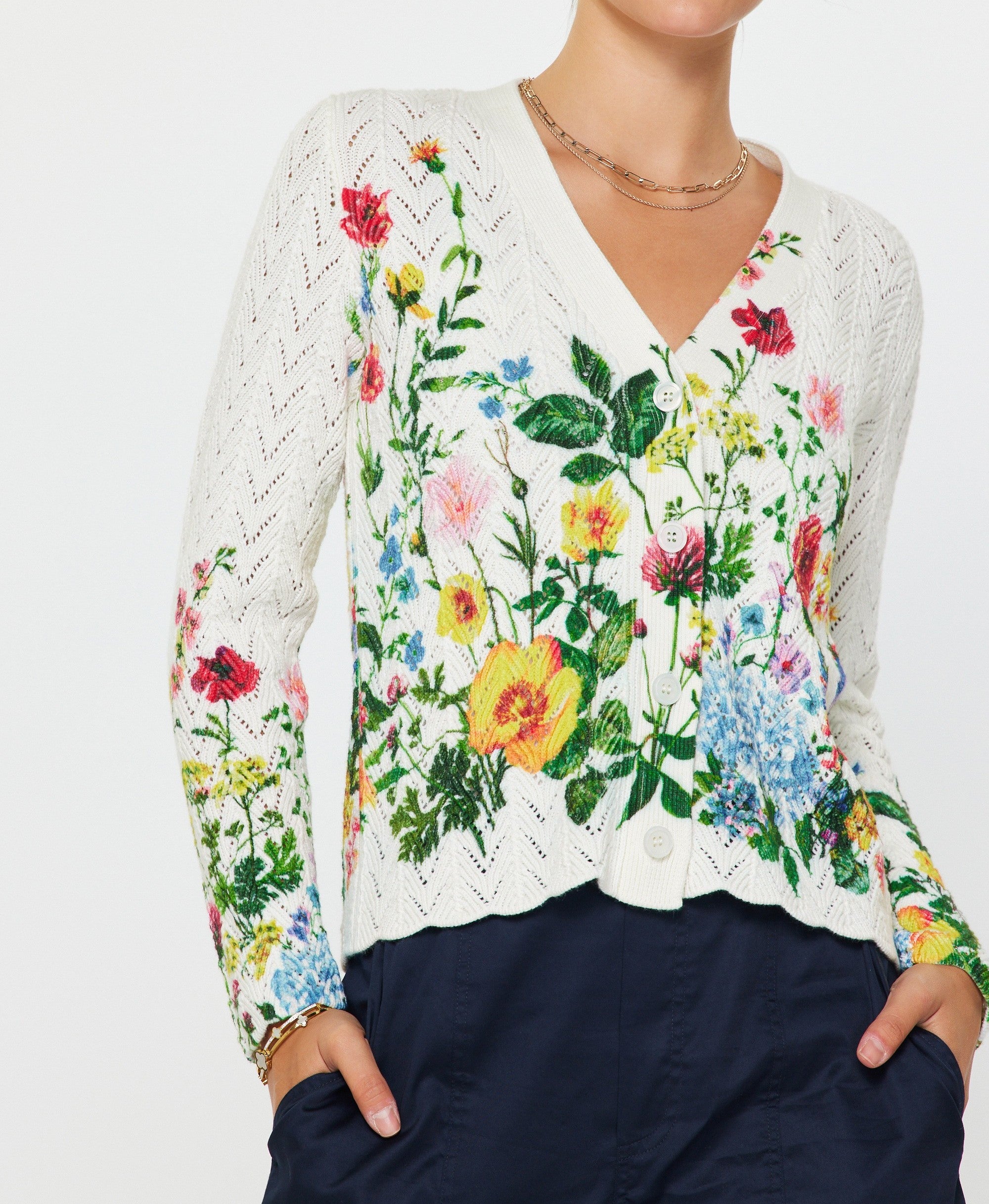 CREAM MULTI FLORAL PRINT LONG SLEEVE COTTON SWEATER CARDIGAN