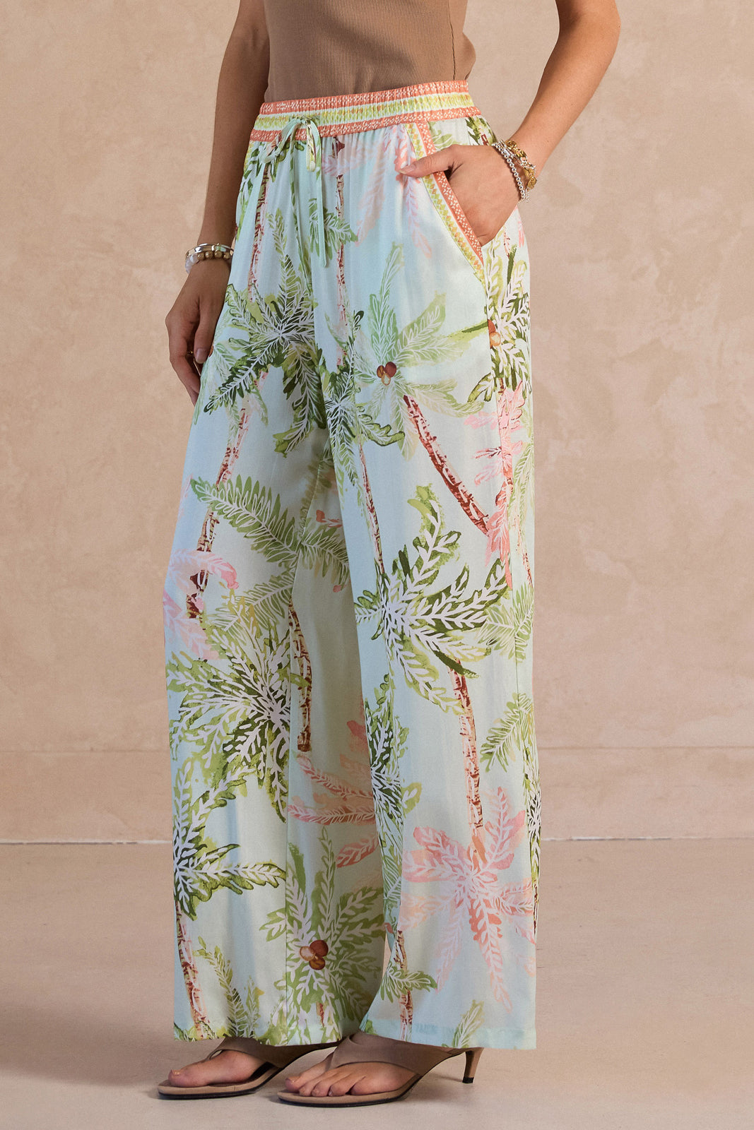 SEAFOAM TROPICAL PRINT LONG WIDE LEG ELASTIC WAISTBAND PANTS