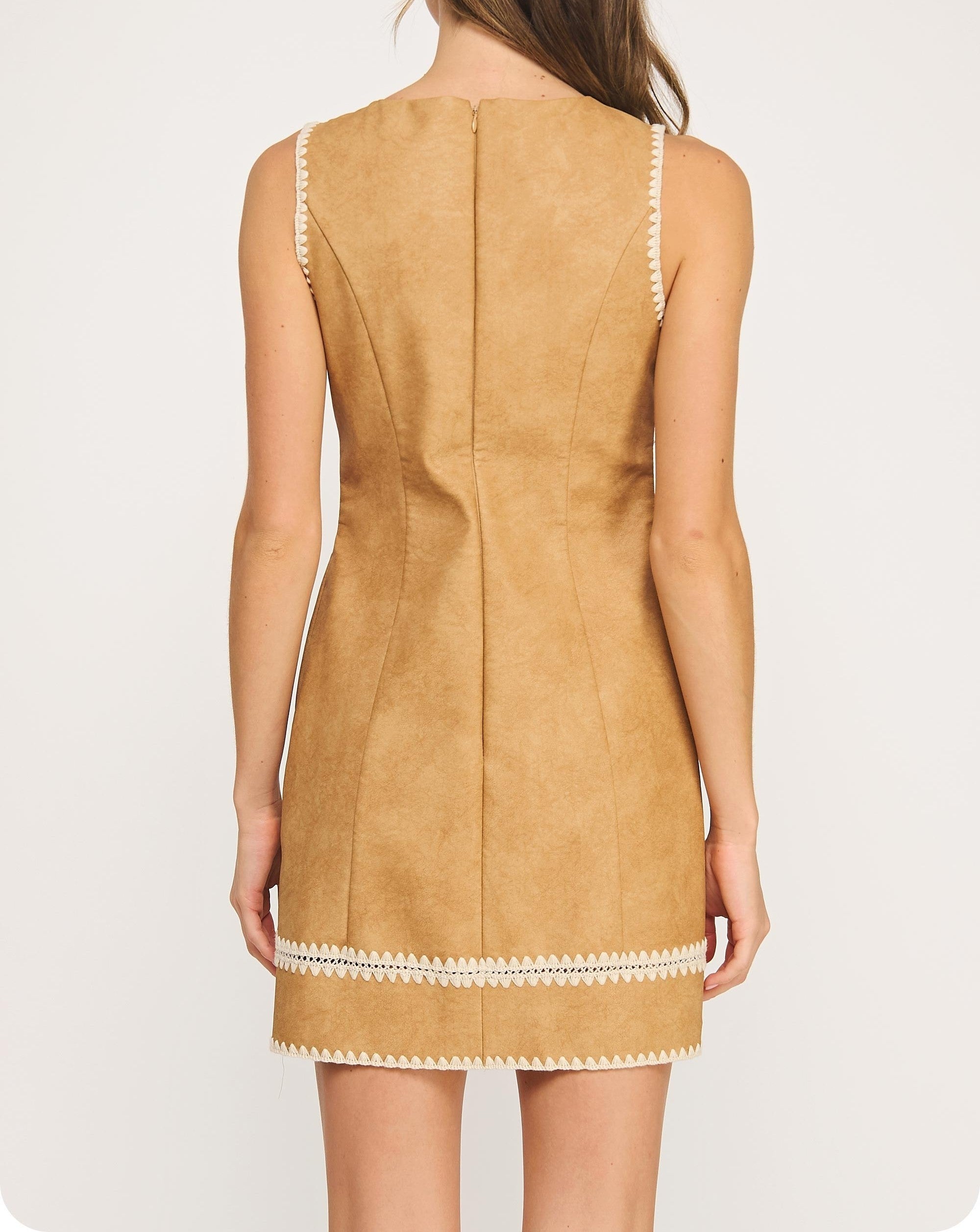 SAND WHIPSTITCH EMBROIDERY CROCHET DETAIL FAUX SUEDE LEATHER MINI DRESS