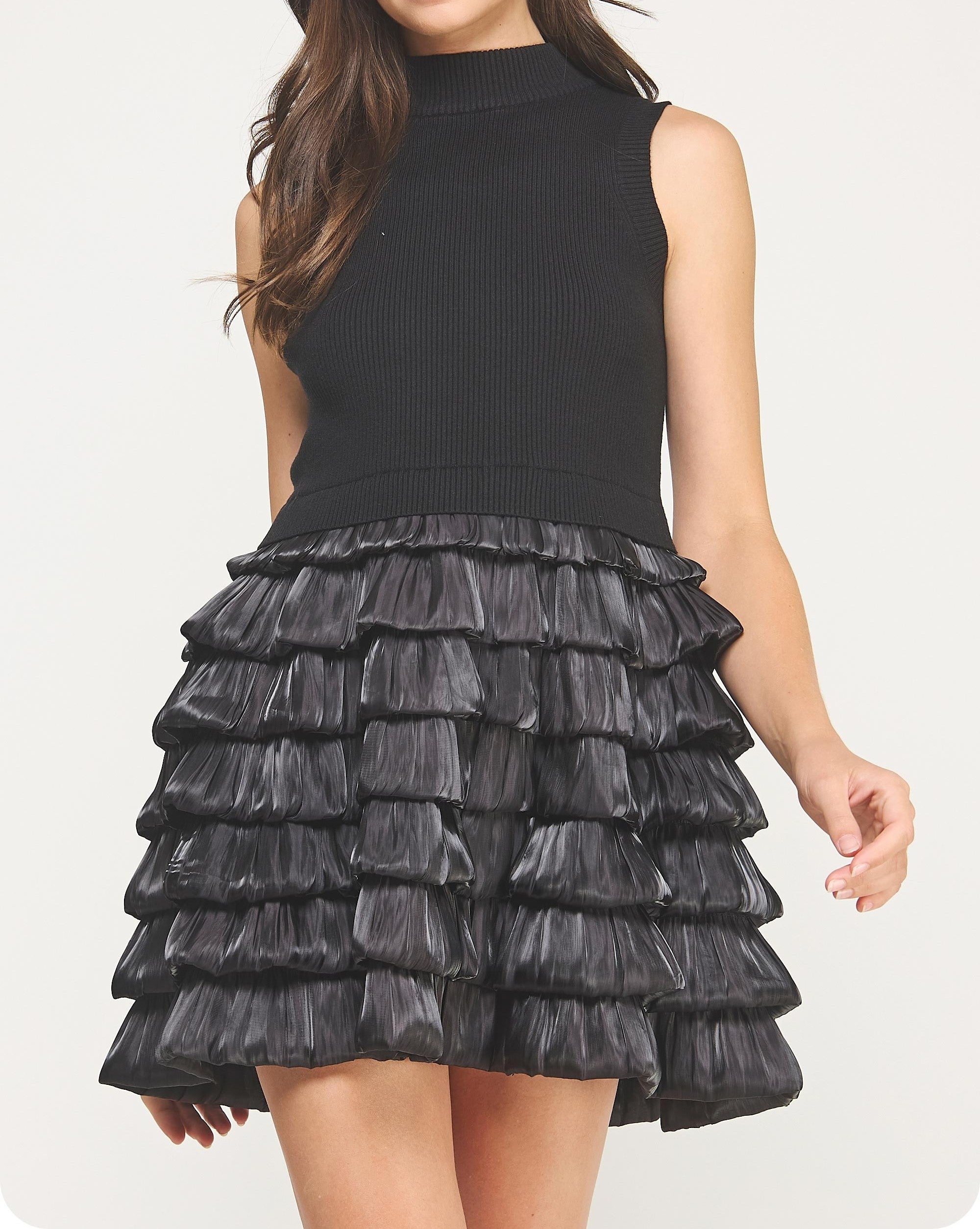 BLACK SLEEVELESS MOCK NECK MIXED MEDIA TIERED BUBBLE SKIRT MINI DRESS