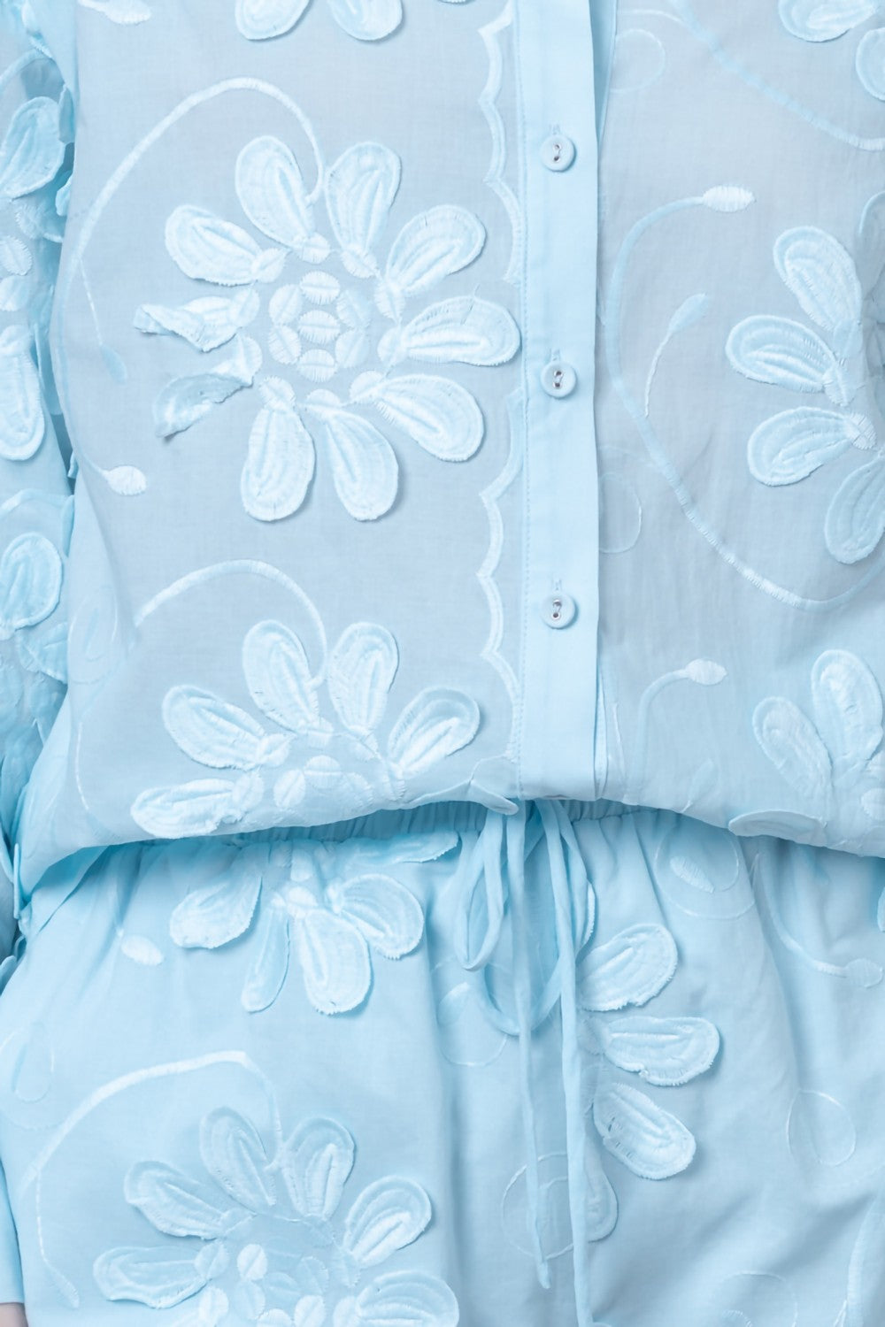 SKY BLUE 3DFLORAL APPLIQUE LONG SLEEVE SHIRT AND SHORT SET