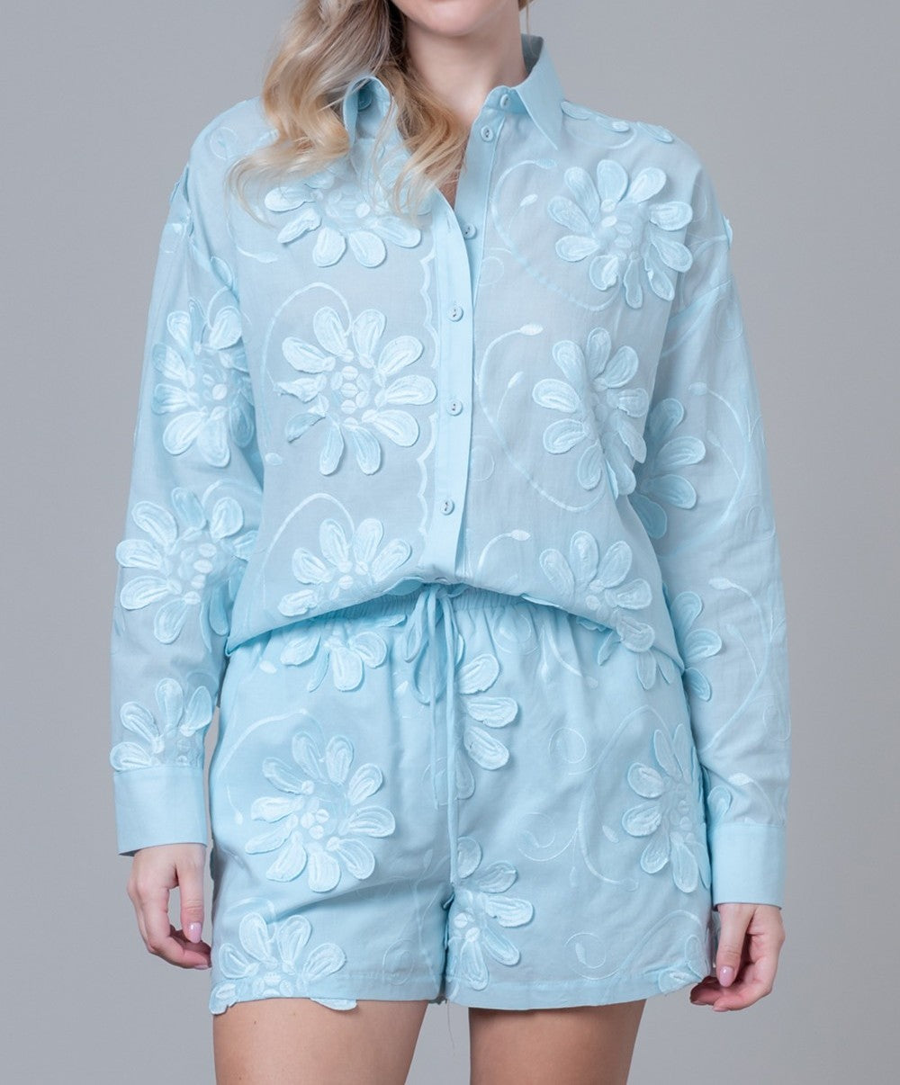 SKY BLUE 3DFLORAL APPLIQUE LONG SLEEVE SHIRT AND SHORT SET