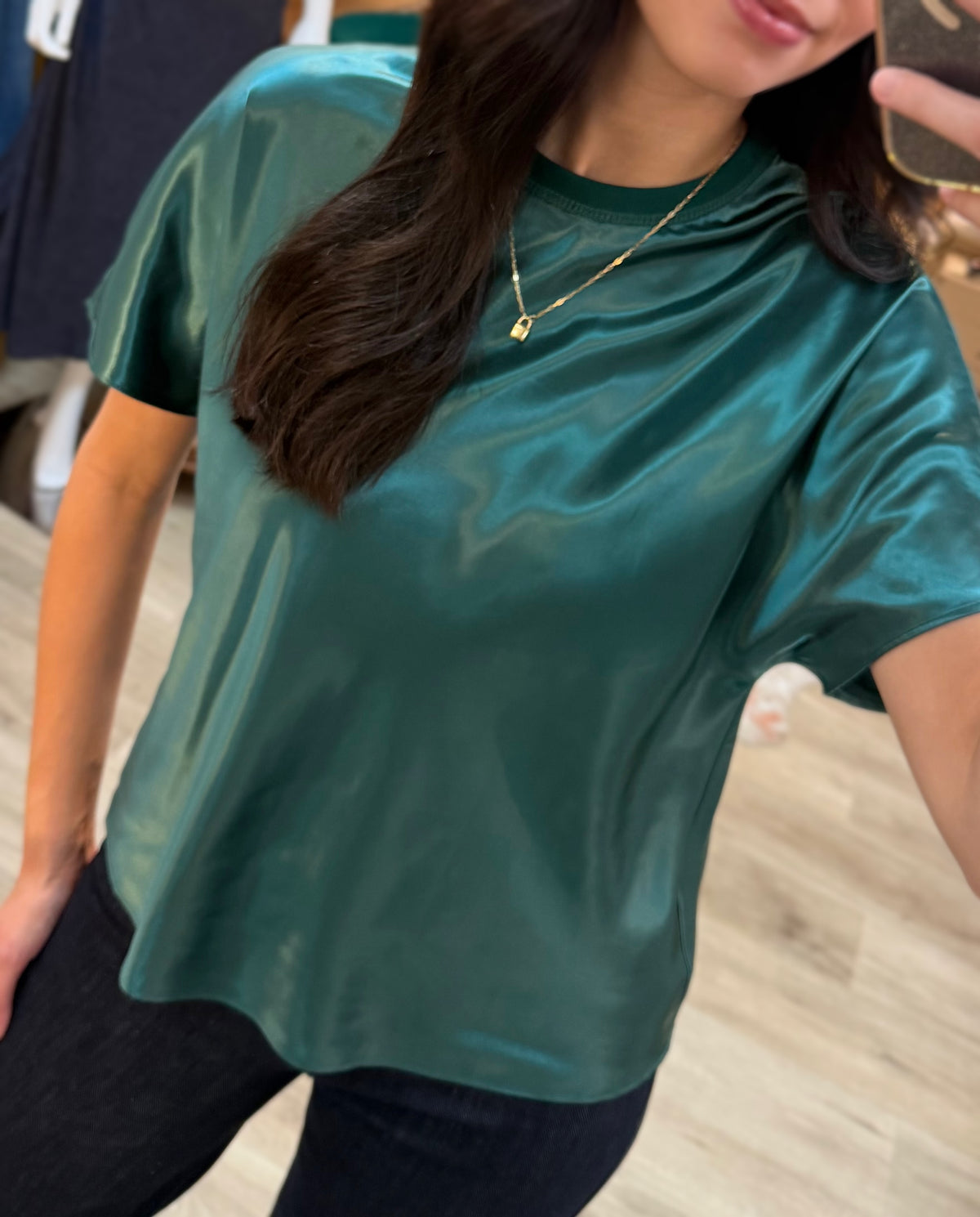 TEAL SATIN CREWNECK SHORT DOLMAN SLEEVE TOP