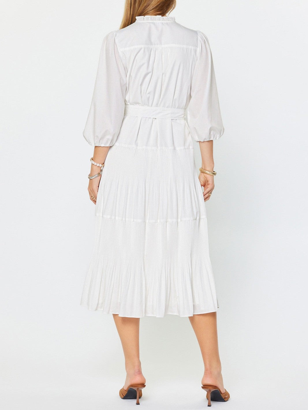 WHITE COTTON POPLIN TIERED PLEATED MIDI DRESS