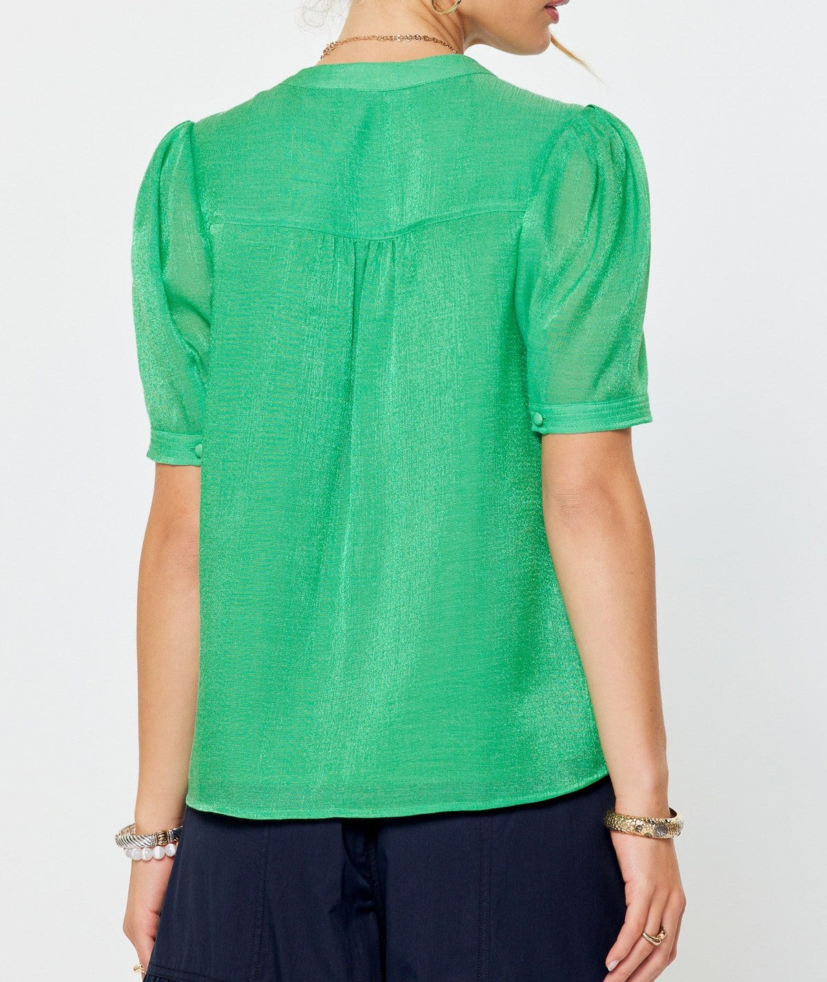 COOL ALOE METALLIC SHEEN GATHERED SHORT PUFF SLEEVE TOP