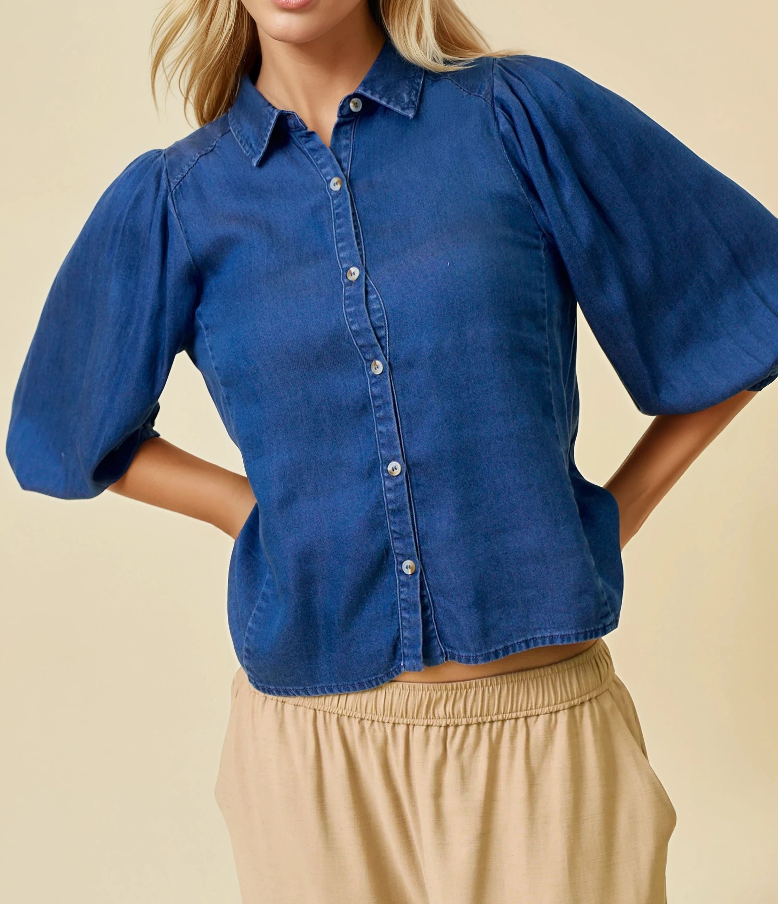 DENIM TENCEL CHAMBRAY SHORT PLEATED PUFF SLEEVE BUTTON UP TOP