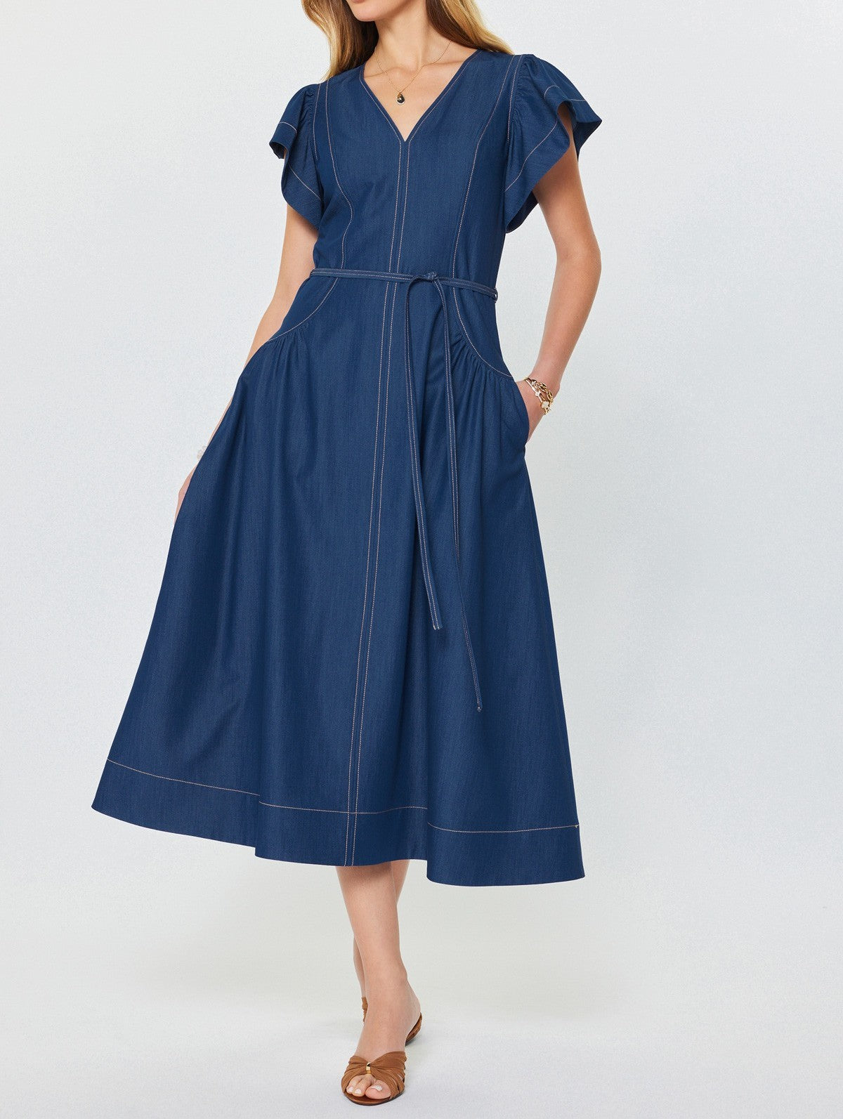 DENIM CONTRAST STITCH SHORT RUFFLE SLEEVE WAIST TIE MIDI DRESS
