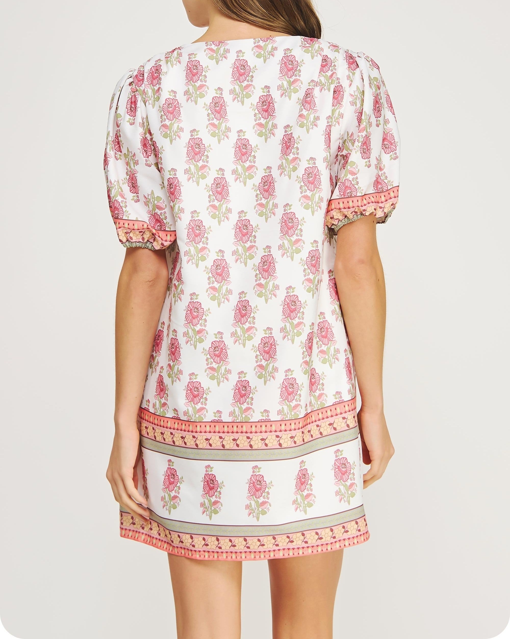 WHITE/PINK FLORAL PRINT POPLIN MINI DRESS