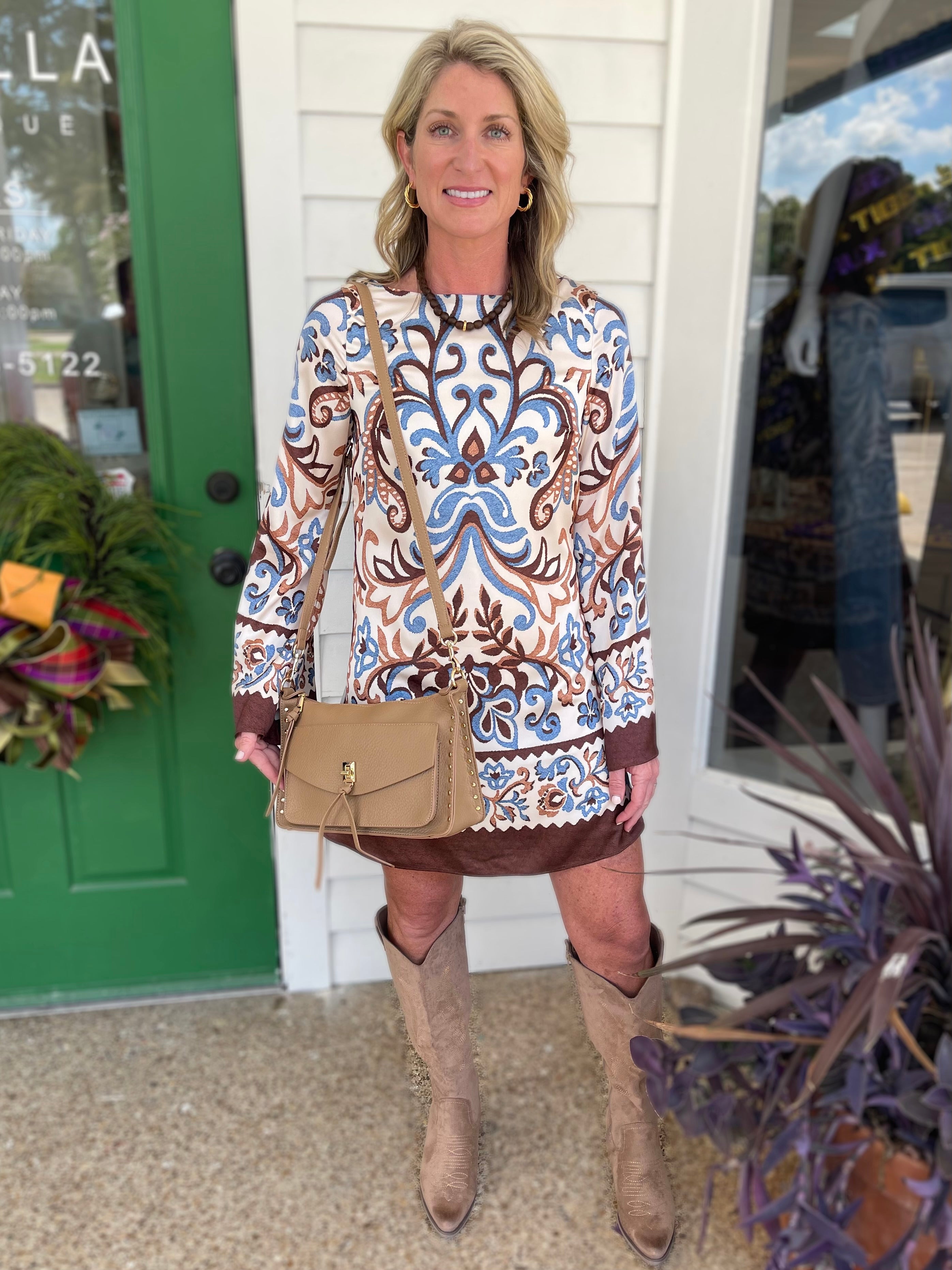 IVORY, BROWN & BLUE BORDER PRINT BELL SLEEVE MINI DRESS