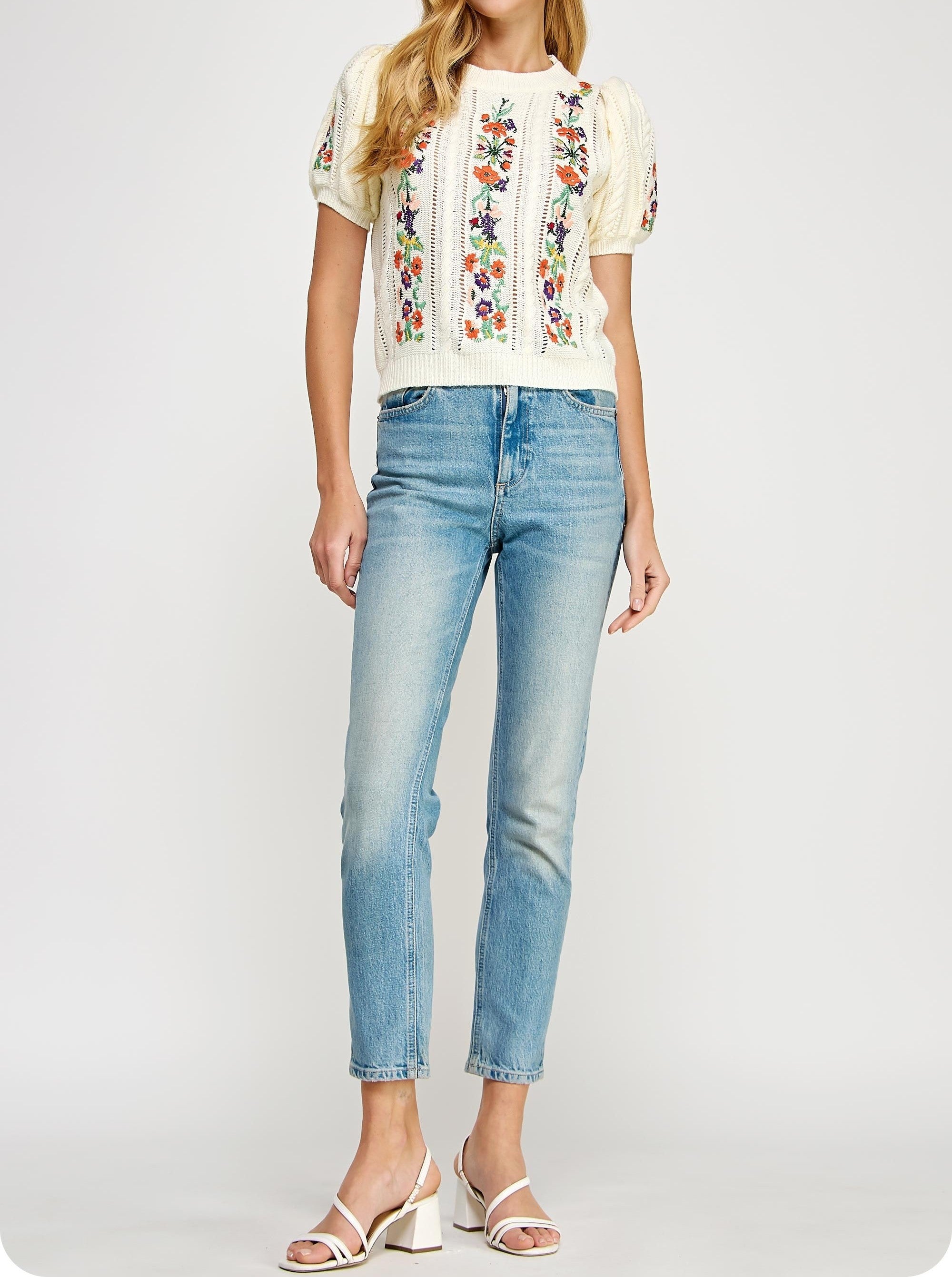 CREAM MULTI FLORAL EMBROIDERED POINTELLE KNITTED TOP