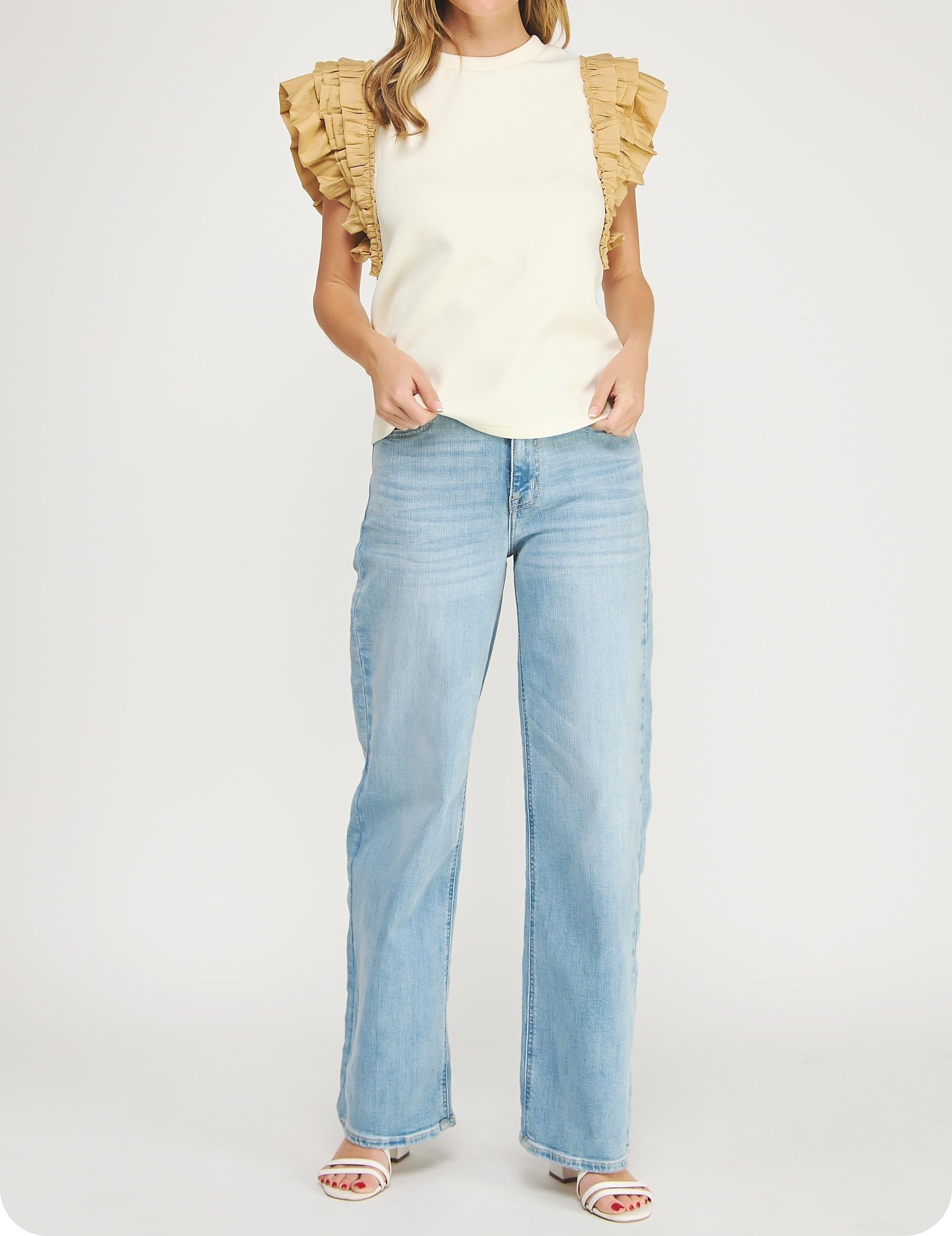 CREAM/BROWN RUFFLE FRILL MIXED MEDIA KNIT TEE TOP