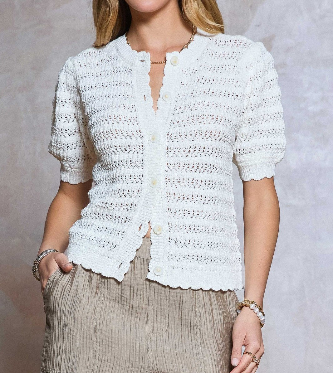 WHITE CROCHET KNIT SHORT SLEEVE BUTTON UP SWEATER CARDIGAN