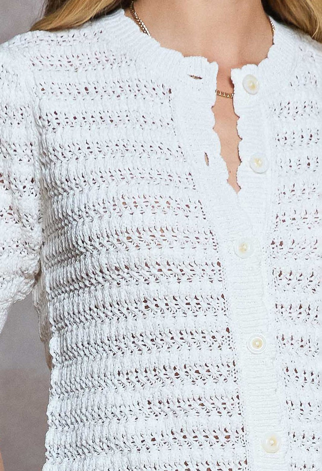 WHITE CROCHET KNIT SHORT SLEEVE BUTTON UP SWEATER CARDIGAN