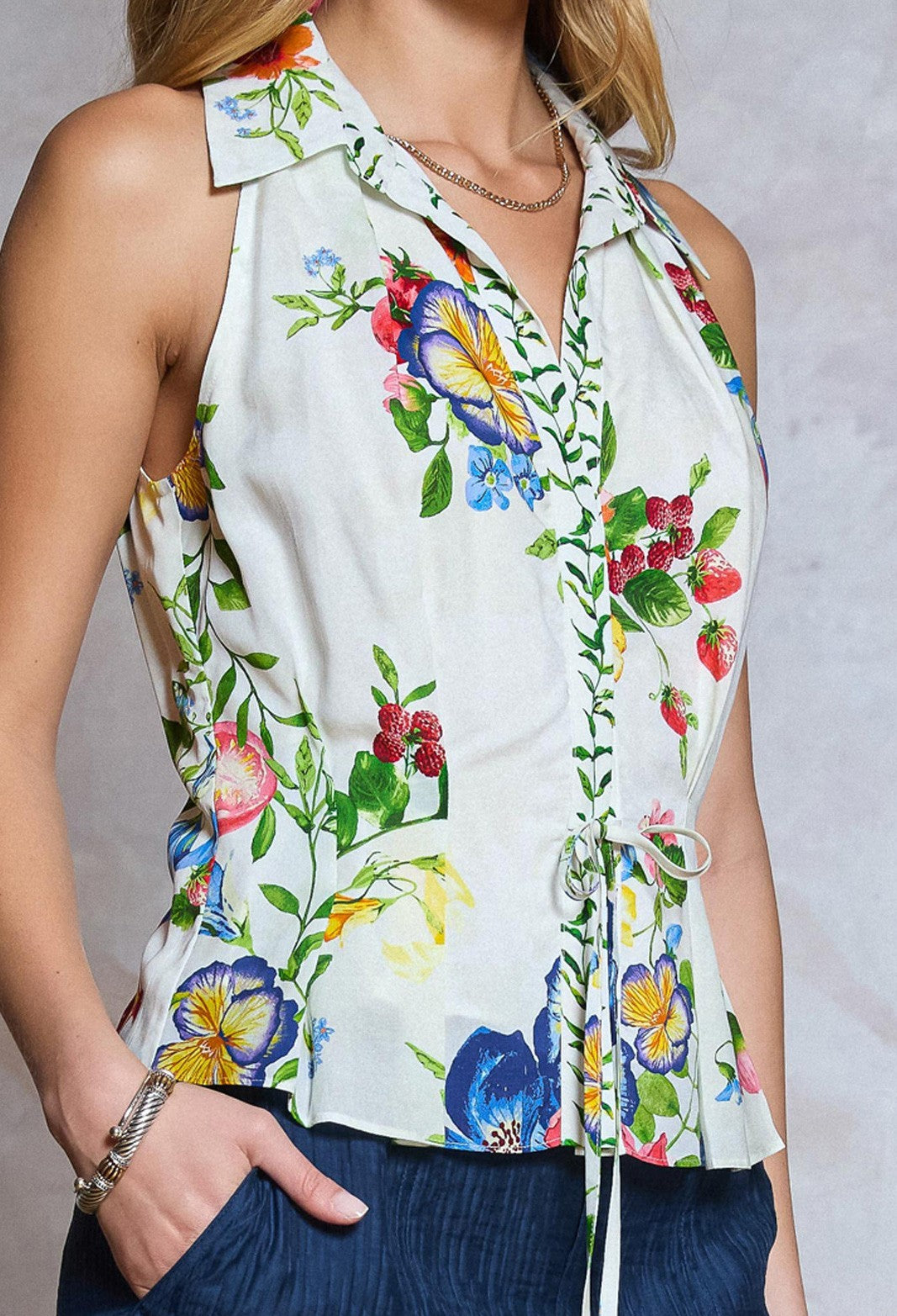 MULTI COLOR FLORAL PRINT HALTER BUTTON UP SLEEVELESS WAIST TIE TOP