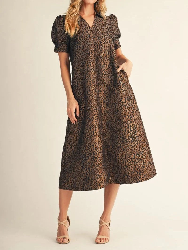 LEOPARD ANIMAL PRINT SHORT PUFF SLEEVE MIDI DRESS